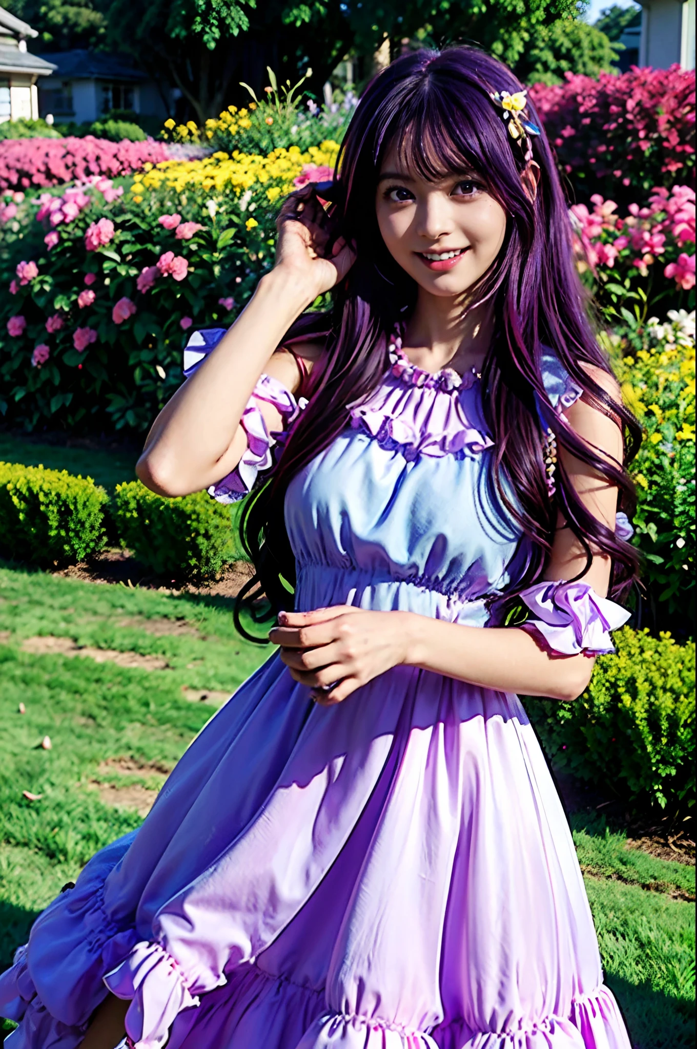 masterpiece, best quality, (1 female,), six-pointed stars in the eyes, (Ai Hoshino), purple hair, happy, hair accessories,((high quality)), bright, happy expression, garden, smiling, long hair, hair flowing, (((Ai Hoshino dress))), pink and a touch with the yellow dress, slim body,