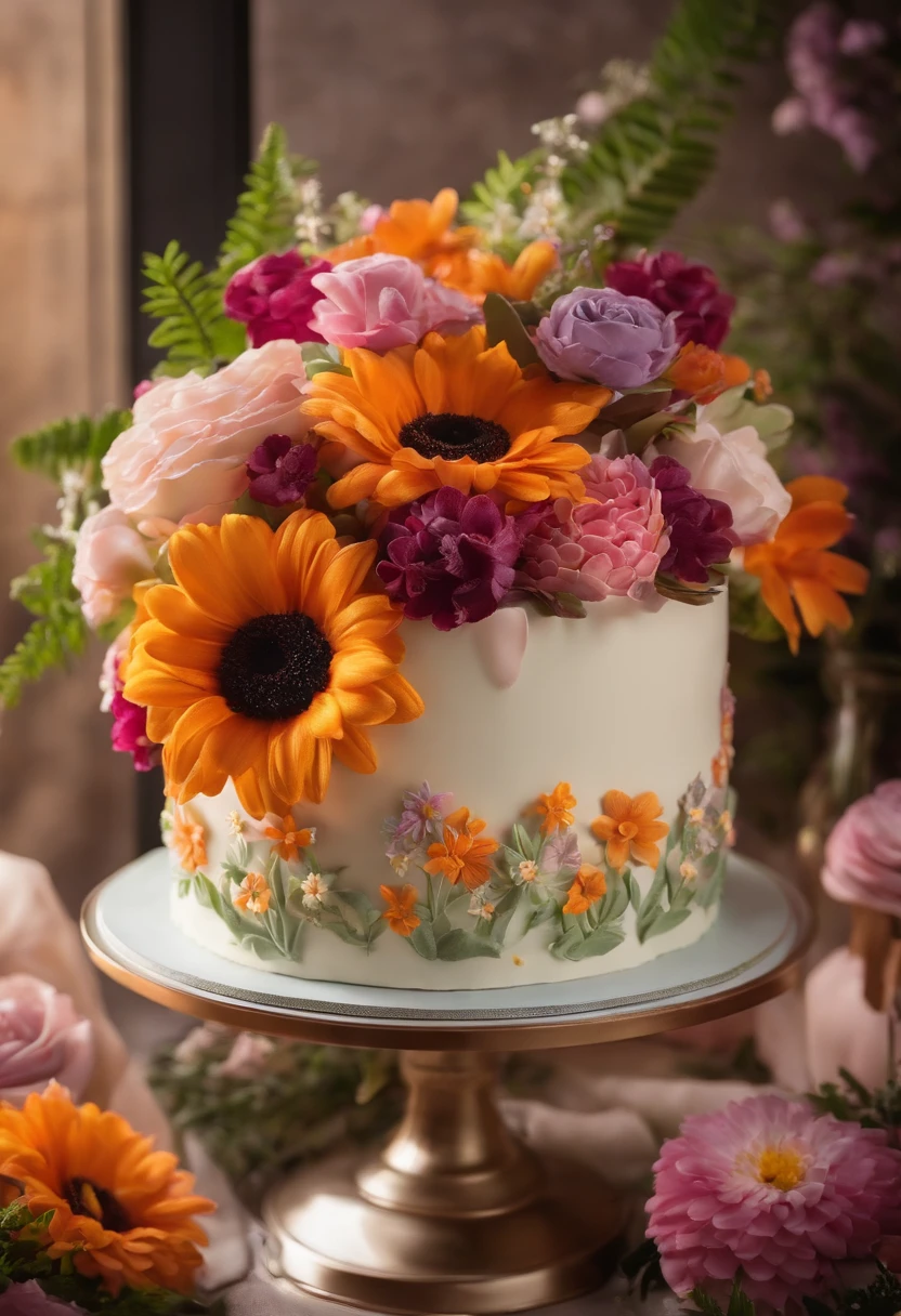 Dream flowers birthday cake,Warm and beautiful scene,There are many plants and bouquet arrangements