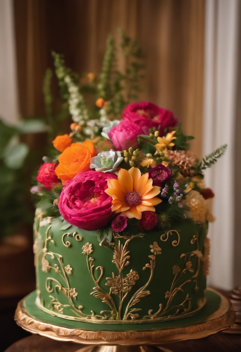 Dream flowers birthday cake，Warm and beautiful scene，There are many plants and bouquet arrangements