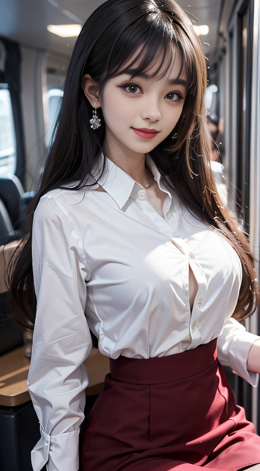 1 girl, Gradient Hair, Bangs, Blunt bangs, hime-cut, makeup, Smile, Parted lips, glint, longeyelashes, depth of fields, One-person viewpoint, F/1.8, 135 mm, canon, nffsw, retinas, masutepiece, ccurate, Anatomically correct, Textured skin, Super Detail, high details, High quality, Best Quality, hight resolution, 1080p, hard disk, 4K, 8K (Opaque white blouse、Best Suit、cabin attendant、