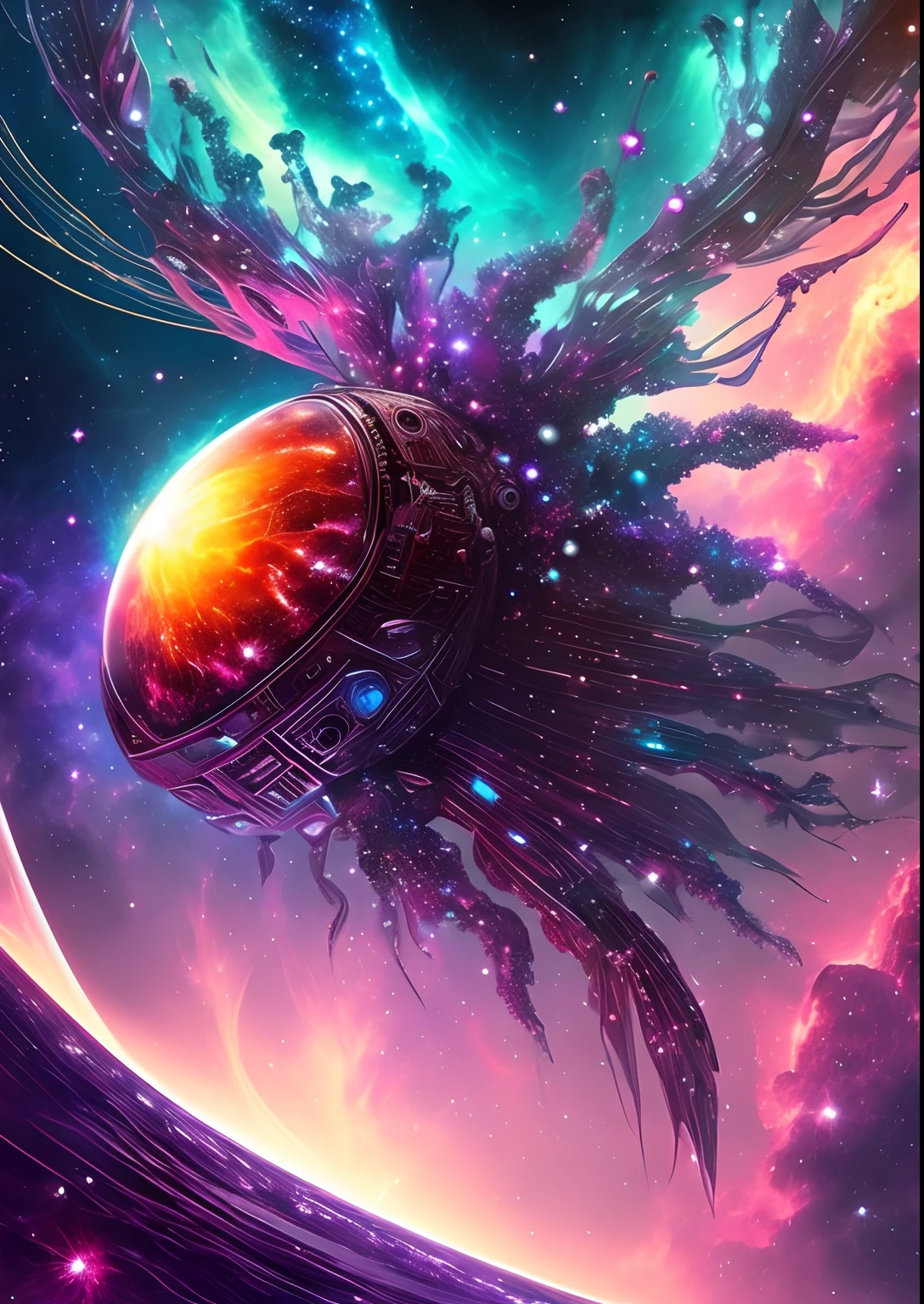 dreamlikeart, galaxy, outer space, nebula, star, [cyberpunked] Shrimp from the stars (star:1.5),