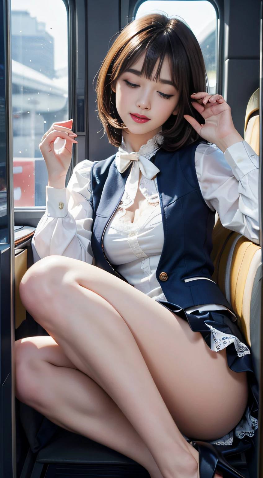 (Woman sitting on chair of airliner and opening legs)1 girl, (Gradient Hair), Bangs, Blunt bangs, hime-cut, makeup, Smile, Parted lips, glint, longeyelashes, depth of fields, One-person viewpoint, F/1.8, 135 mm, canon, nffsw, retinas, masutepiece, ccurate, Anatomically correct, Textured skin, Super Detail, high details, High quality, Best Quality, hight resolution, 1080p, hard disk, 4K, 8K ((Opaque white blouse))、(Dark blue vest)、(Dark blue skirt)(high-heels)cabin attendant、(open your legs slightly)(Eyes closed)(yawning being)(White lace panties)