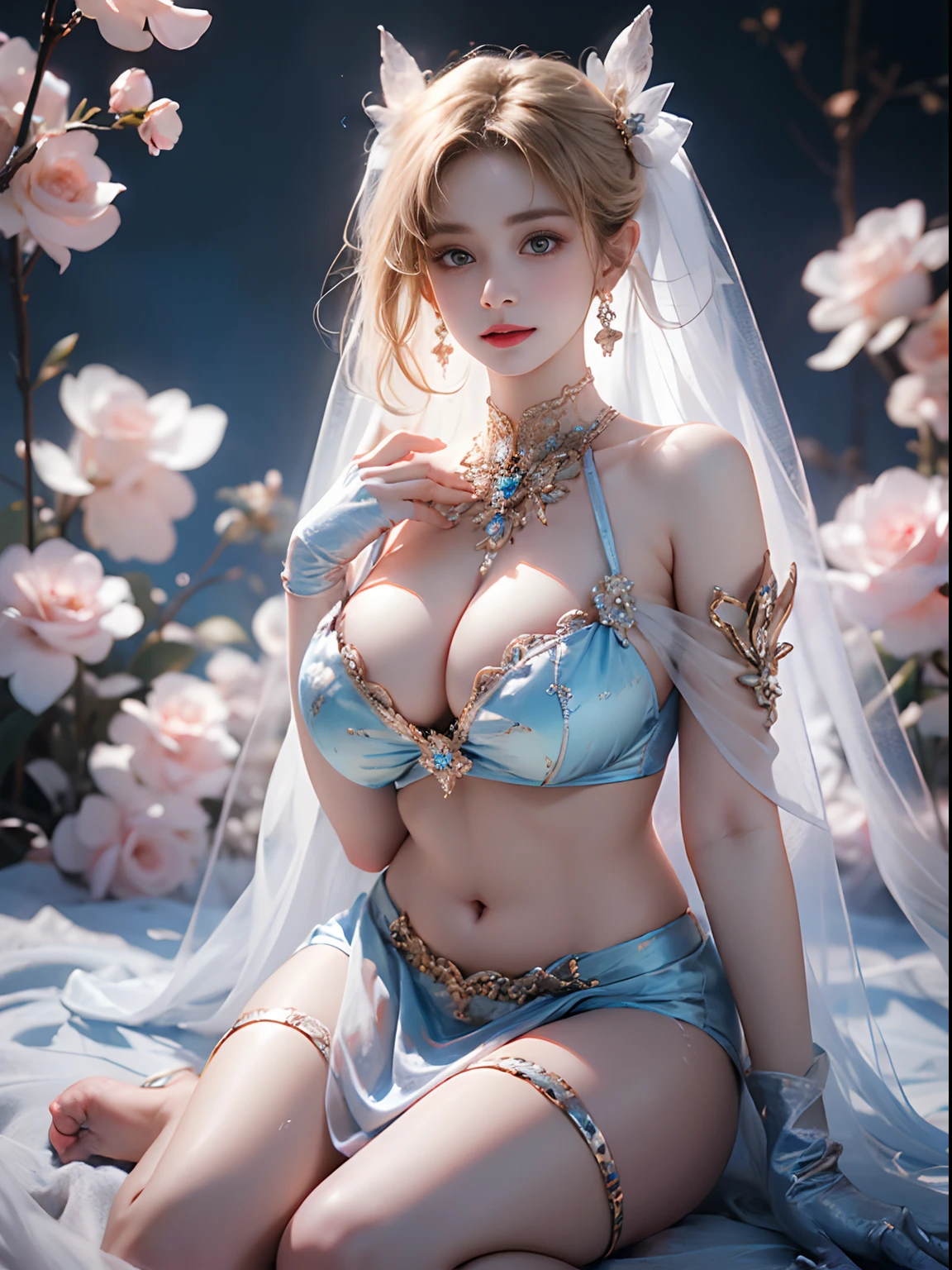 （8k extremely detailed CG unit wallpaper），（best qualtiy），（Best Illustrations），（Best Shadow）， （detail： 1.4）， 。.。.。.。.。.。.。.。.。.。.。.。.3D， nffsw（High dynamic range）， light tracing， NVIDIA RTX， Hyper-Resolution， Sub-surface scattering， PBR Texture， Post-processing， Anisotropy Filtering， depthoffield， Maximum sharpness and acutance， Multilayer Texture， Albedo e mapas Speculares， Surface Coloring， Accurate simulation of light-material interactions， Perfectly proportioned， octane renderings， Two-tone illumination， Wide aperture ， Low ISO，White Balance，trichotomy，8K Raw，intricate-detail， delicate patterns， deep-shadows， ​masterpiece， Lifelike， Roughness， A hyper-realistic， photographed in a Canon EOS R5， 50mm Lens， F/2.8， Sharp Focus， Smoothing， Roughness， Real life， photorealistc， Cinematography， 8K UHD，in flower field，Blue Flower Girl，1 girl，独奏，European，Beautiful bride，lightsmile，Highly detailed blonde hair，maturefemale，Sky Blue Gossamer Veil，Sky blue gossamer cloak，Sky blue Gossamer coat，Sky blue gossamer skirt，Sky blue lace underwear，Sky Blue Lace，Sky Blue Gossamer Gloves，gargantilha，earrings，jewely，trinkets，Head dress，Hand ornaments，leg ornaments，high-heels，Huge breasts，Large breasts，Big boob，Burst breasts，Big breasts，Plump breasts，Expose your breasts，uncovered breasts，Narrow waist，Bare ass，ass large，Bare belly，Bare navel，Wet，Wet body，sweating body，Shiny skin，