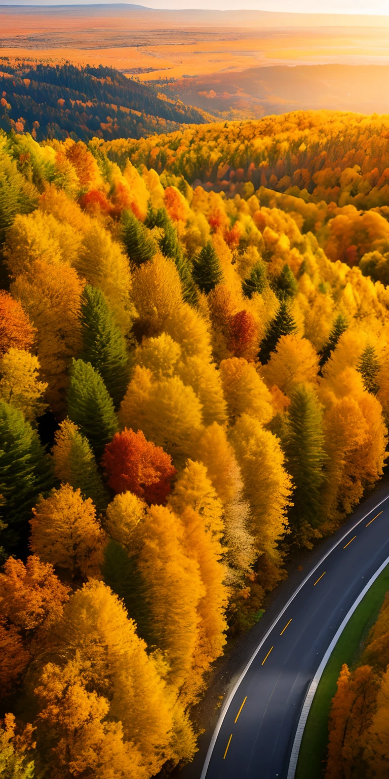 autumnal,The forest on the mountain has turned golden yellow,One day, The winding road winds upwards from the bottom up,Long-range shots,Protruding hovering,16K HD,Photorealistic photos