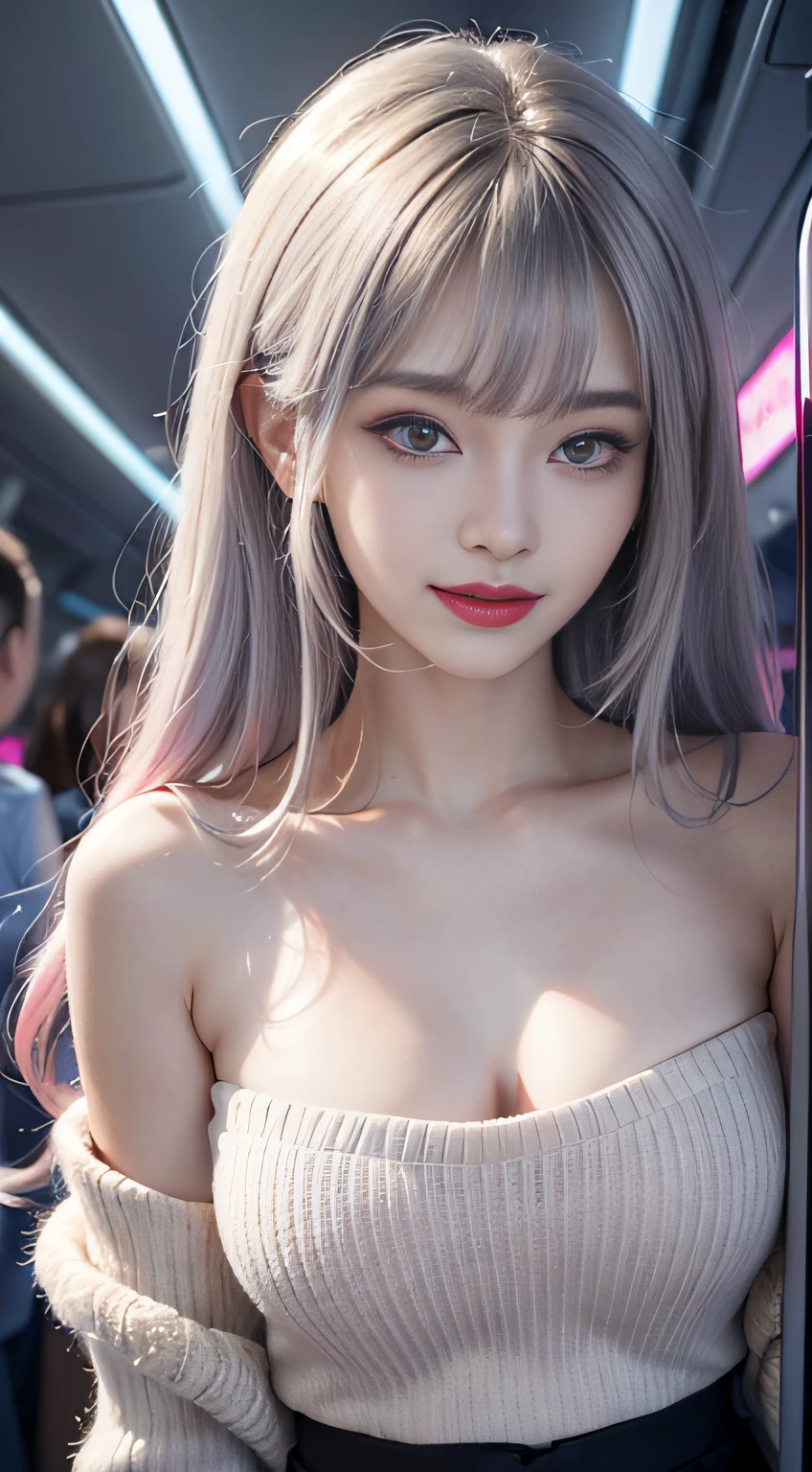 (Woman standing in passenger plane cabin)1 girl, Silver hair, striated hair, Bangs, Blunt bangs, Long hair, Pink hair, aqua eyes, longeyelashes, Purple eyes, makeup, Smile, Parted lips, Realism, Verism, surrealism, depth of fields, One-person viewpoint, F/1.8, 135 mm, canon, nffsw, retinas, masutepiece, ccurate, Anatomically correct, Textured skin, Super Detail, high details, High quality, Best Quality, hight resolution, 1080p, hard disk, 4K, 8K, (Coarse short sweater)Floats off the shoulders、off shoulders、Black tight skirt、