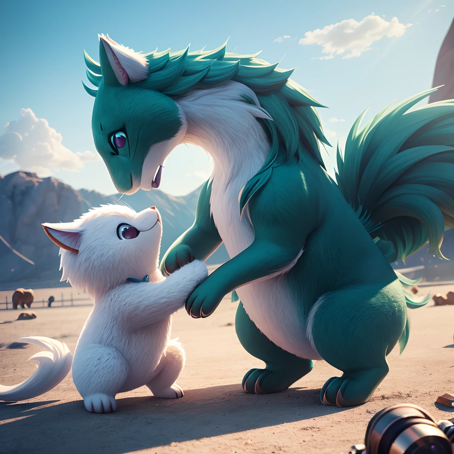 An ultra-high picture quality, Super Detail, 超A high resolution, Super cute imaginary animals and imaginary animals playing with each other, Anime, Manga, Illustration, 。.3D, Professional Lighting