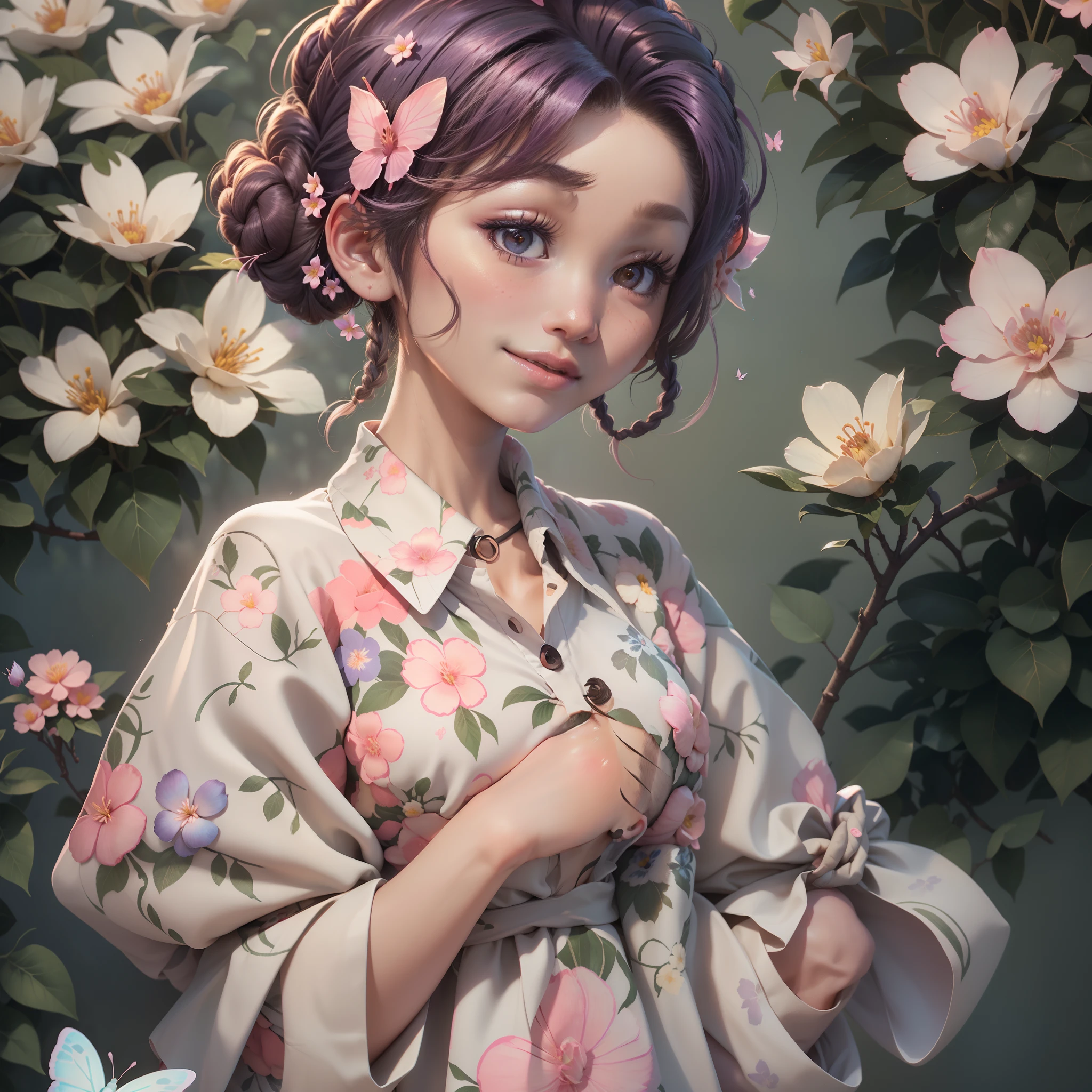 (In a garden full of peach blossoms),(Masterpiece peach blossom),Peach blossoms fall,a little lovely kid girl,anatomy correct,(Wear a floral shirt:1.4),Delicate facial features,The skin is delicate and rosy,Black colored eyes,short light purple hair,(Hair tied up in a bun:1.8),happy laughing,earnest,(Look at the butterflies in the flowers:1.4),(tmasterpiece,plethora of colors,Best quality,Cinematic lighting effects),A high resolution,high detal,(illustratio,3Drenderingof)