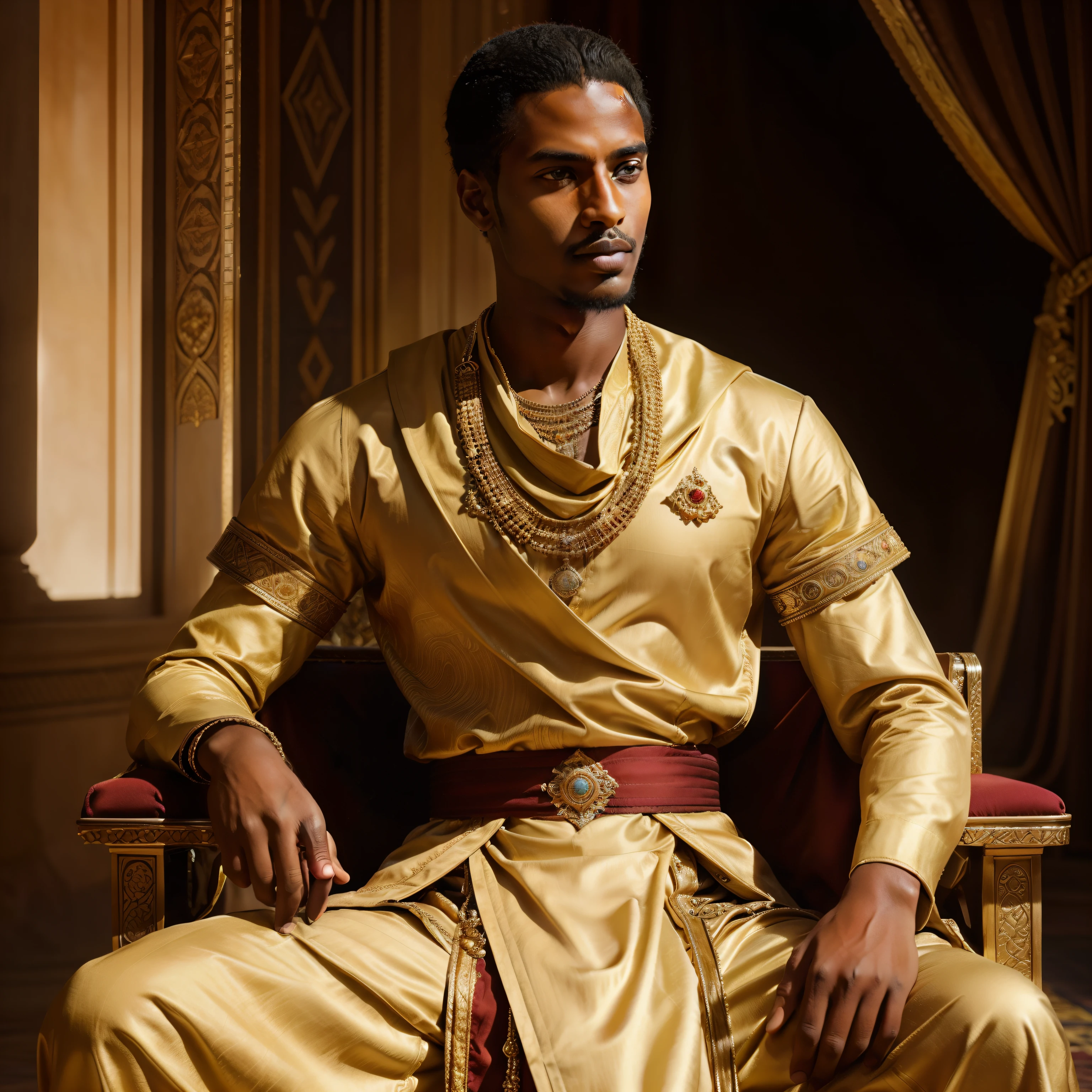 “Create a captivating image of a handsome and regal young Somalian prince in his teens from a fictional empire. Place him in a grand setting, seated upon an opulent throne. Pay meticulous attention to detail in both his clothing and facial features, crafting a highly intricate and visually striking design. The prince’s attire should reflect his royal status and cultural heritage, and his face should be rich in detail, portraying his youth, charisma, and the splendor of his royal lineage. Ensure the image captures the essence of a young Somalian prince in a fantastical empire with a focus on detailed artistry.”