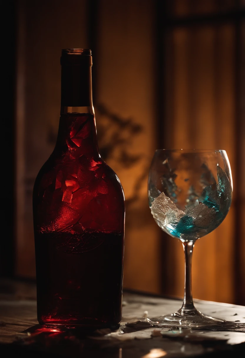 Broken glass lying on wine stained papers in a dark office