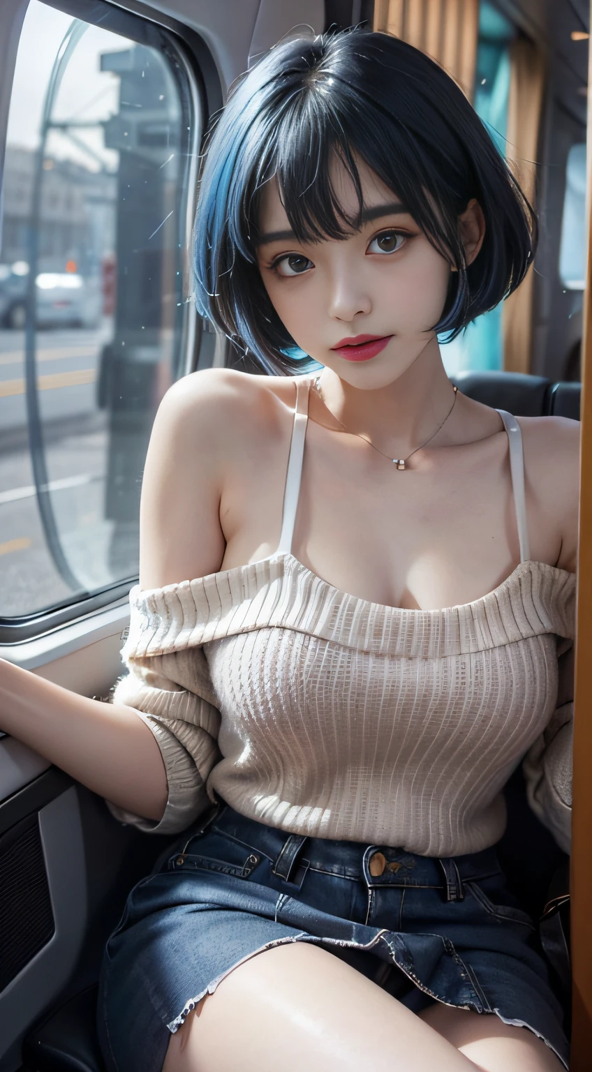 （Woman sitting in the cabin of an airliner）1 girl, （shorth hair、Blue bobbed hair）,（（ Bangs flutter around the eyebrows））, Blunt bangs, （Bob in Blue）, aqua eyes, longeyelashes, ）（blue eyess）, makeup, Smile, Parted lips, Realism, Verism, surrealism, depth of fields, One-person viewpoint, F/1.8, 135 mm, canon, nffsw, retinas, masutepiece, ccurate, Anatomically correct, Textured skin, Super Detail, high details, High quality, Best Quality, hight resolution, 1080p, hard disk, 4K, 8K, （blanche、Coarse short sweater）Floats off the shoulders、off shoulders、Sleeveless、（blanche、Coarse hand-knitted miniskirt）