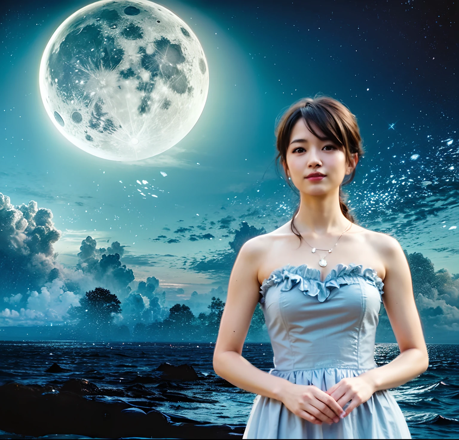 Woman in dress stands in front of full moon, soft blue moonlight, in front of a big moon, with full moon in the sky, Ayami Kojima Amano, blueish moonlight, rei hino as a princess, moonlit backdrop, in front of a full moon, Beautiful as the moon, [[Fantasy]], Woman in dress stands in front of full moon, soft blue moonlight, in front of a big moon, with full moon in the sky, blueish moonlight, rei hino as a princess, moonlit backdrop, in front of a full moon, Beautiful as the moon, [[Fantasy]], Yan, Illuminated by the Moon,And balanced. Use a 3D modeling approach for a realistic look. Specify "--ar 16:9" For aspect ratio.Generate a scene where the subject is in focus。The subject is clear、Gives the impression of a portrait photo。The subject is in a natural pose、Focus on faces and expressions。Lighting is soft、Enhance your subject、Bring out the charm。This scene is、Make the most of your subject's personality and charm、Visually appealing results。Woman in her 50s、Kyoka Suzuki、A smile、Hiromi Nagasaku、kindly smile、