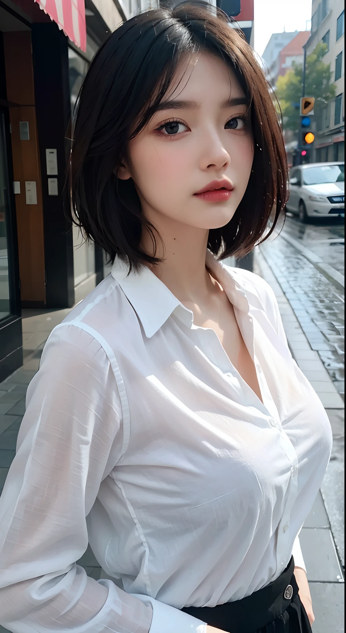 ((Best Quality, 8K, Masterpiece: 1.3)), Sharp: 1.2, Perfect Body Beauty: 1.4, Slim Abs: 1.2, ((Layered Hairstyle, Big Breasts: 1.2)), (Wet White Button Long Shirt: 1.1), (Rain, Street: 1.2), Wet: 1.5, Highly detailed face and skin texture, detailed eyes, double eyelids, side face looking at the camera