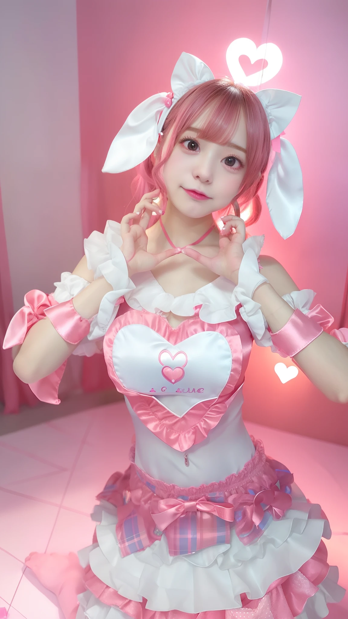 Woman in satin costume making heart with hand, very beautiful cute catgirl, nice and cute, cutecore, trending at cgstation, ultrarealistic sweet bunny girl, cute kawaii girl, ruan cute vtuber, Anime girl cosplay, cute and lovely, Belle Delphine, y 2 k cutecore clowncore, fluffy chest