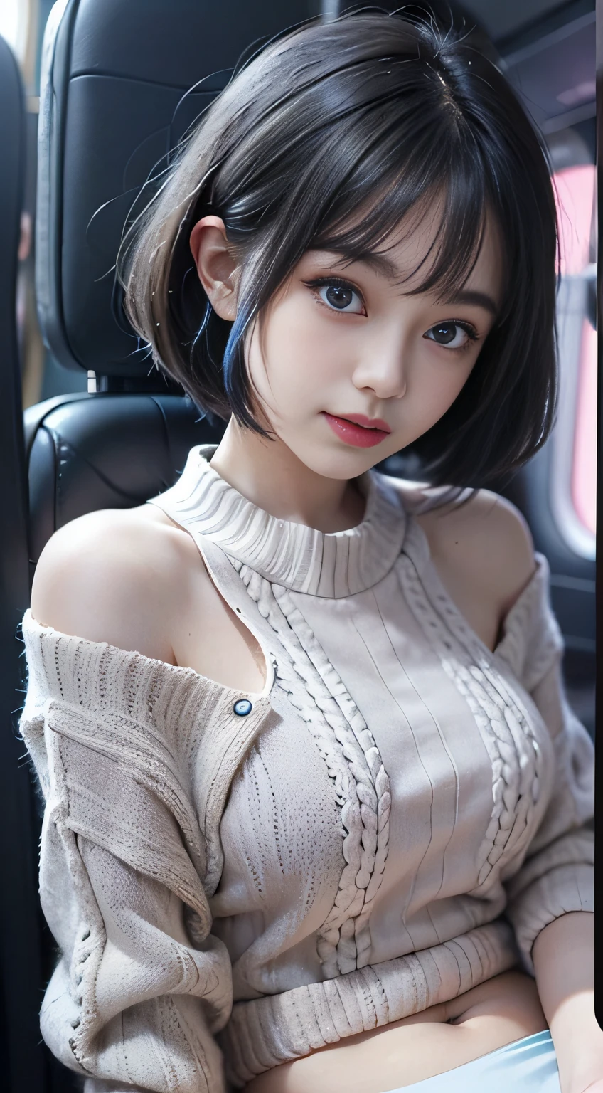 （Woman sitting on chair in airliner cabin）1 girl, （shorth hair、Blue bobbed hair）,（（ Bangs flutter around the eyebrows））, Blunt bangs, （Bob in Blue）, aqua eyes, longeyelashes, ）（（blue eyess））, makeup, Smile, Parted lips, Realism, Verism, surrealism, depth of fields, One-person viewpoint, F/1.8, 135 mm, canon, nffsw, retinas, masutepiece, ccurate, Anatomically correct, Textured skin, Super Detail, high details, High quality, Best Quality, hight resolution, 1080p, hard disk, 4K, 8K, ((White hand-knitted short sweater、a miniskirt))、、（off shoulders）、）The navel is visible，（Translucent pale pink panties）