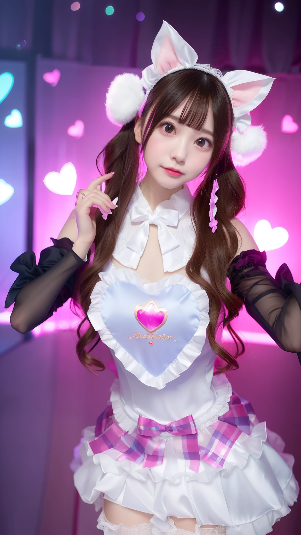 Woman in satin costume making heart with hand, very beautiful cute catgirl, nice and cute, cutecore, trending at cgstation, ultrarealistic sweet bunny girl, cute kawaii girl, ruan cute vtuber, Anime girl cosplay, cute and lovely, Belle Delphine, y 2 k cutecore clowncore, fluffy chest