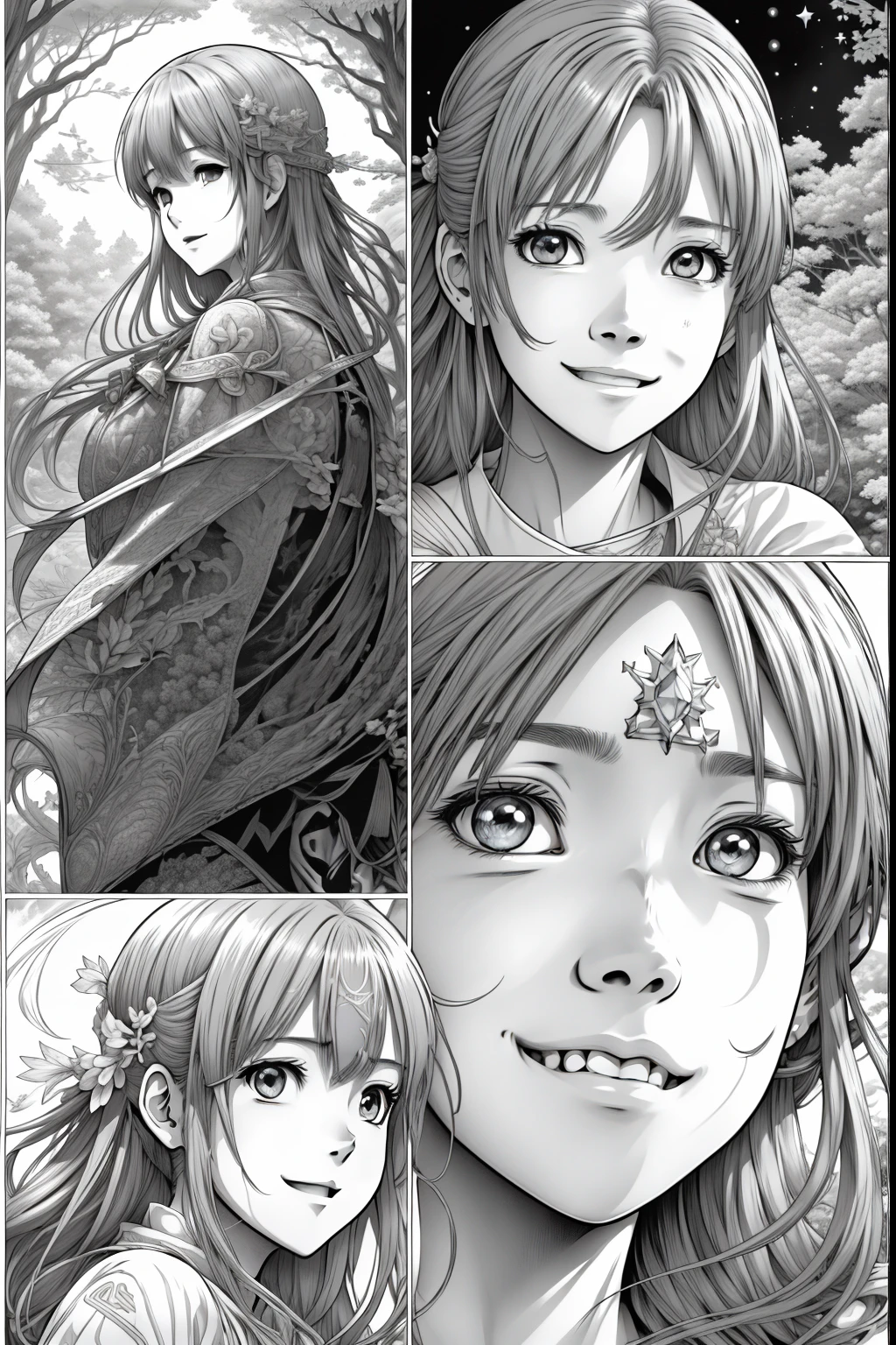 Comic strips,Asuna, Asuna_(As estrelas), 1girll, fantasy, A high resolution, Looking_away, Looking_To_The_Side, Original, Realistic, scenery, Close-up, The upper part of the body_Body, Smiling, actionpose,On_Bed,
