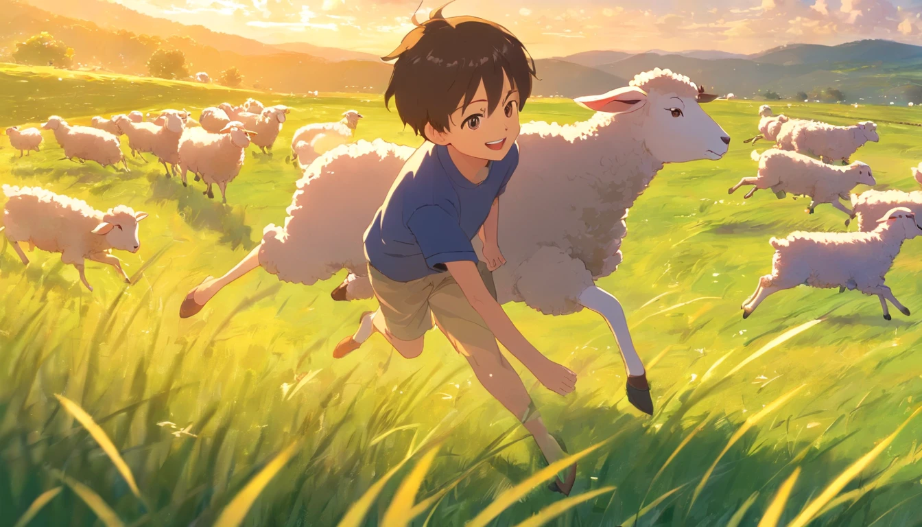 tmasterpiece, best qualityer, cinematic Film still from, Close up bright and bright, cheerfulness, Soft lighting and warmth, natta, young boy with big smile herding sheep in grass field
