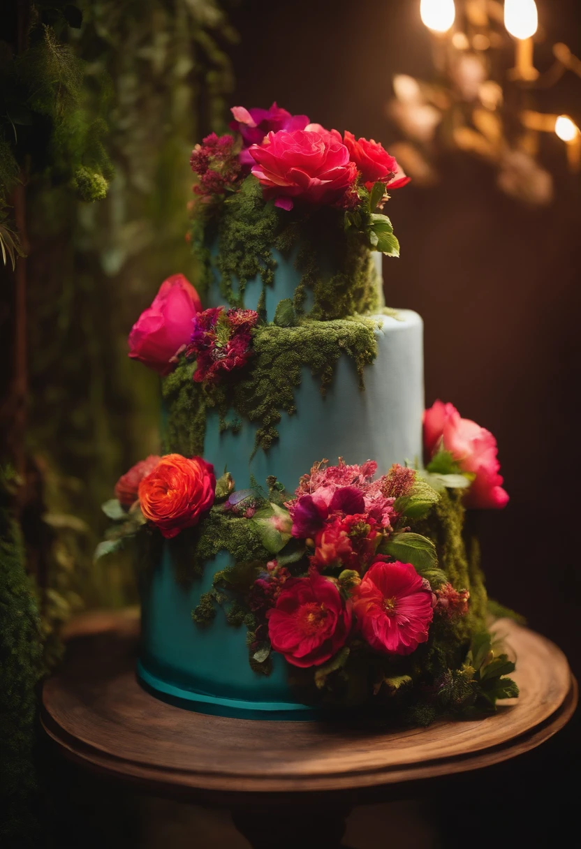 Up,Flower cake,Cosy and beautiful interior,Strewn with bouquets of plants