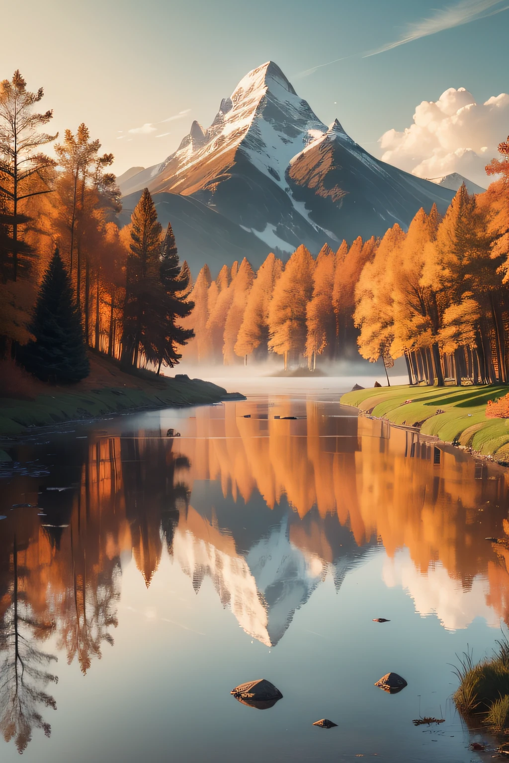 (best quality,highres),autumn landscape,beautiful vibrant colors,fall foliage,serene atmosphere,sunlight streaming through trees,incredible detail (foliage:1.2),crisp air,tranquil natural scenery,leaves fluttering in the wind (leaves:1.1),shadows dancing on the ground,rays of sunlight illuminating the scene (rays of sunlight:1.15),subtle mist floating in the air,majestic trees reaching towards the sky,peaceful ambiance (peaceful:1.1),stunning reflection on the calm water,vivid orange and golden hues,picturesque view (picturesque view:1.1),breathtaking landscape.