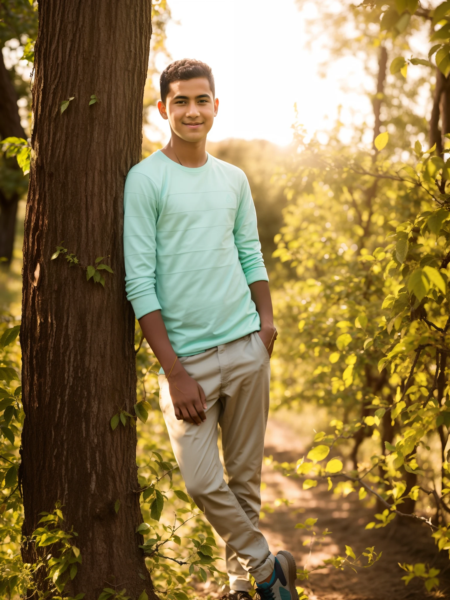 arafed boy standing next to a tree in a field, amidst nature, in front of a forest background, full body photogenic shot, shot on nikon z9, with a tall tree, * colour splash *, candid picture, very very high quality picture, standing in an apple orchard, casual photography, shot on sony a 7, next to a tree , realistic,