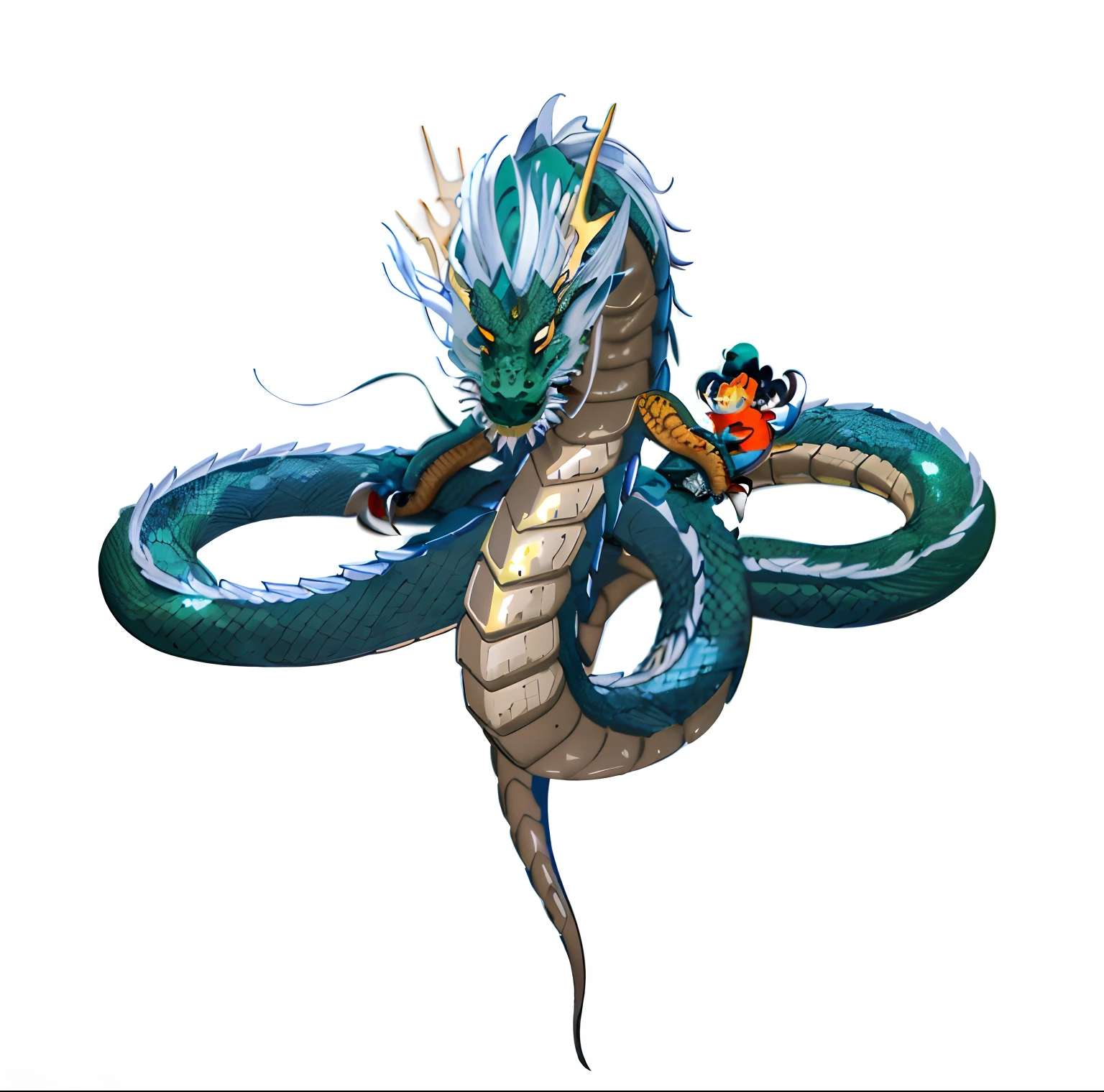 Close-up of a dragon with blue tail and white face, cyan chinese dragon fantasy, The whole body is blue-green,Bright yellow belly,serpentine water monster, Bright scales,Bright body color,There is a dragon claw on the left and right of the body,Silvery-white mane,chinese dragon concept art, sea serpent, drak, smooth chinese dragon, long dragon, naga-tirr, One Piece Channel,《dragonball》Shenlong in , shenron, Blue dragon, water dragon, Chinese Dragon, jormungandr