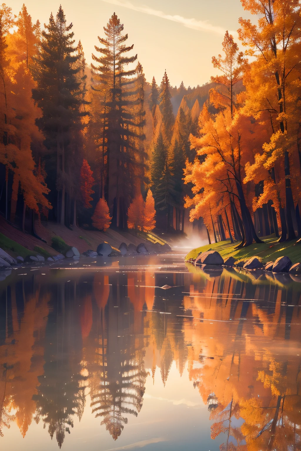 (best quality,highres),autumn landscape,beautiful vibrant colors,fall foliage,serene atmosphere,sunlight streaming through trees,incredible detail (foliage:1.2),crisp air,tranquil natural scenery,leaves fluttering in the wind (leaves:1.1),shadows dancing on the ground,rays of sunlight illuminating the scene (rays of sunlight:1.15),subtle mist floating in the air,majestic trees reaching towards the sky,peaceful ambiance (peaceful:1.1),stunning reflection on the calm water,vivid orange and golden hues,picturesque view (picturesque view:1.1),breathtaking landscape.