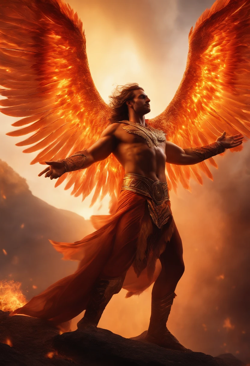 (best quality,4k,8k,highres,masterpiece:1.2),ultra-detailed,(realistic,photorealistic,photo-realistic:1.37),man with phoenix wings on his back,fire surrounding his fist,feathers,captivating expression,flaming wings spread wide,Fiery light,cinematic mood,dramatic angle,heroic stance,mythical creature,sculptural details,radiating power,celestial aura,vibrant color palette,scorching flames,epic fantasy,mythological hero,heroic mythology,combustible energy,luminous heat,dynamic movement,high-contrast lighting,archetypal figure,detailed feather texture,mythical symbolism,fiery trails,embodying strength and grace,vividly glowing embers,powerful presence,extraordinary supernatural ability,astral fire,enduring power and rebirth,fiery spirit,awe-inspiring spectacle