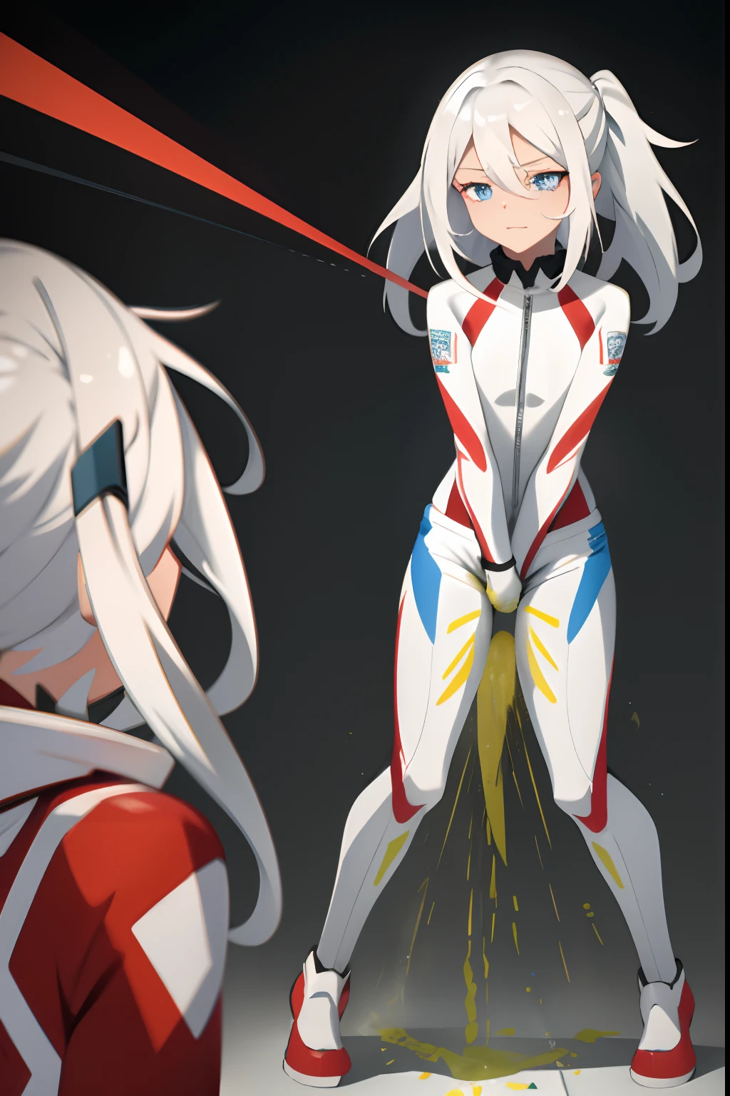 nothing background,Long pure white hair,White skinny racing suit,Be red in the face,pretty eyes(Girl leaking urine),leaked pee