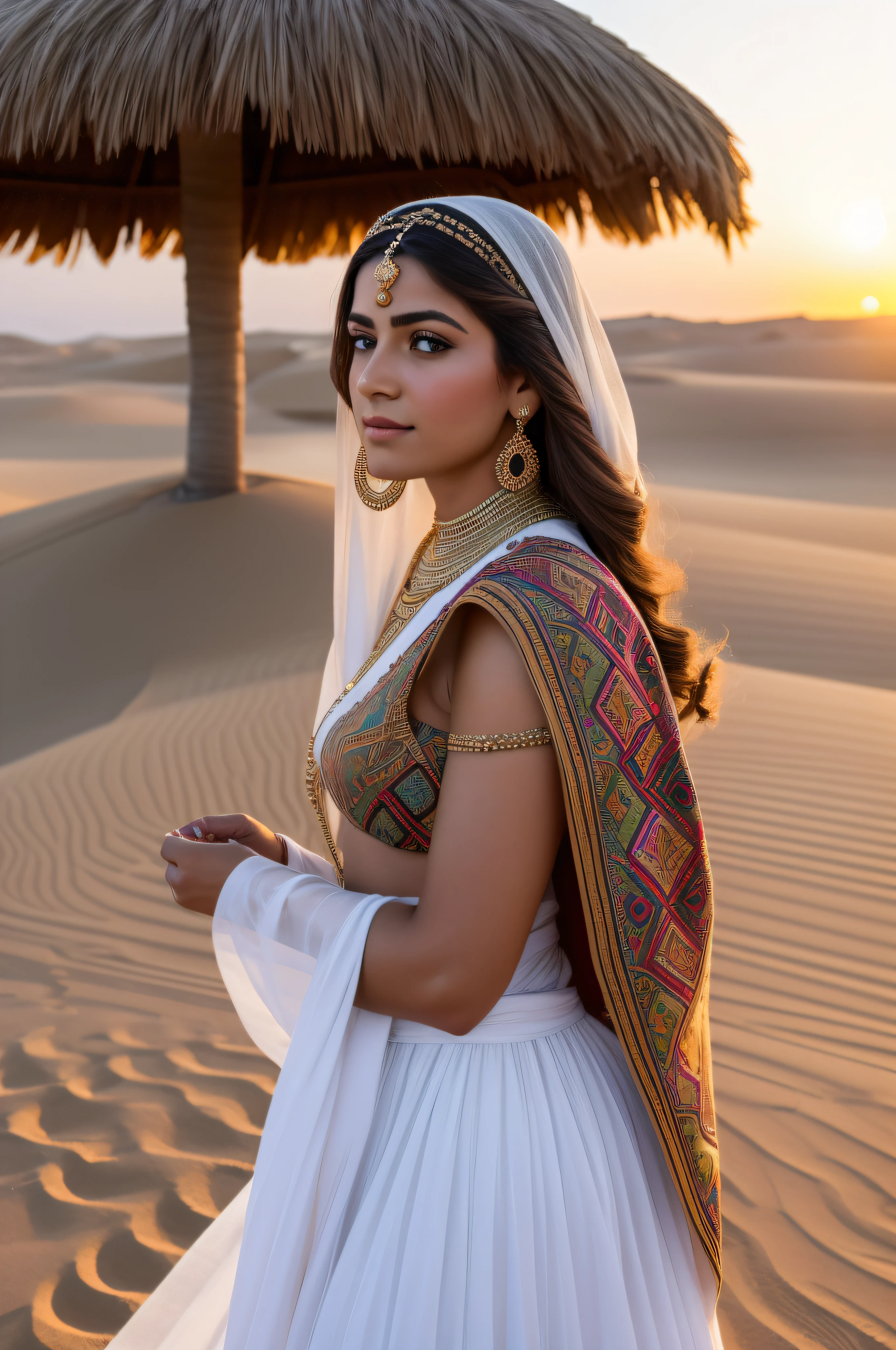 Color photo of a woman dressed in traditional Egyptian clothes, segurando um pergaminho ou papiro. Beautiful, elegante, regal, Adorned with vibrant tones and intricate patterns, Suas vestes sussurram contos de tempos antigos, Embracing a heritage that transcends generations. The air is full of desert whispers, A gentle breeze carries the scent of sand and history, Dunas de areia dourada se estendem infinitamente, in the warm embrace of the setting sun. A sense of reverence lingers in the air, A connection with the divine and the sacred, Uma aura de sabedoria e conhecimento, Mesclando com a beleza atemporal da cena. Captured through the lens of a vintage camera, Uma homenagem ao passado, A nostalgic touch, The camera model, a classic Leica, O filme, um vibrante Kodak Ektar, capturando cada detalhe. A lente, um Zeiss Planar vintage, creating a dreamlike atmosphere, Como se pintado pelo pincel de um mestre artista, An exquisite blend of precision and creativity. Diretores: Stanley Kubrick, Sofia Coppola,