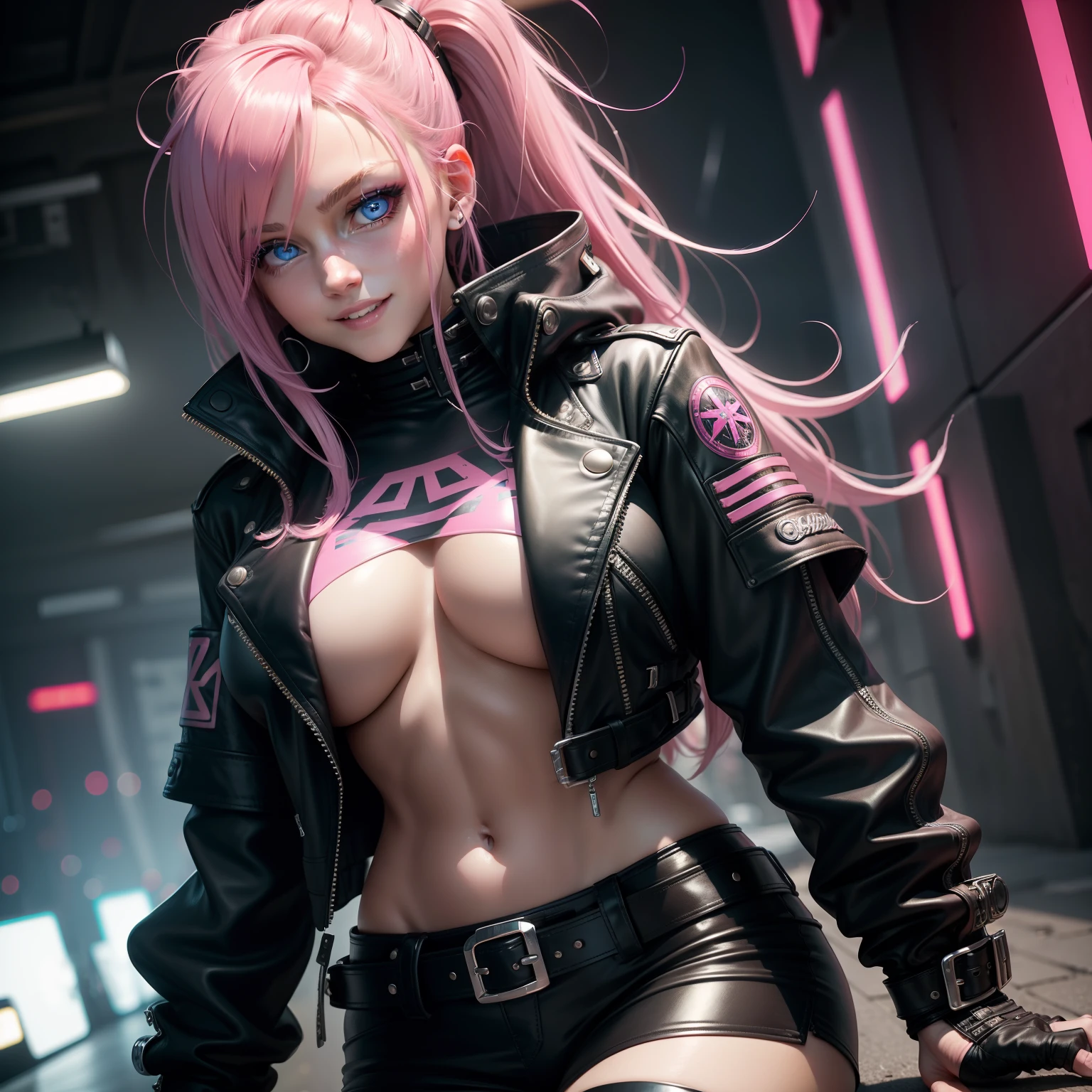 leather jackets、Wearing a leather jacket　cyberpunked、girl with　a smile、Pink hair、beautiful a girl、top-quality、​masterpiece、HD Images、huge tit、hyperdetailed face、blue eyess、Leather pants、a beauty girl、Long、super-detaild skin、