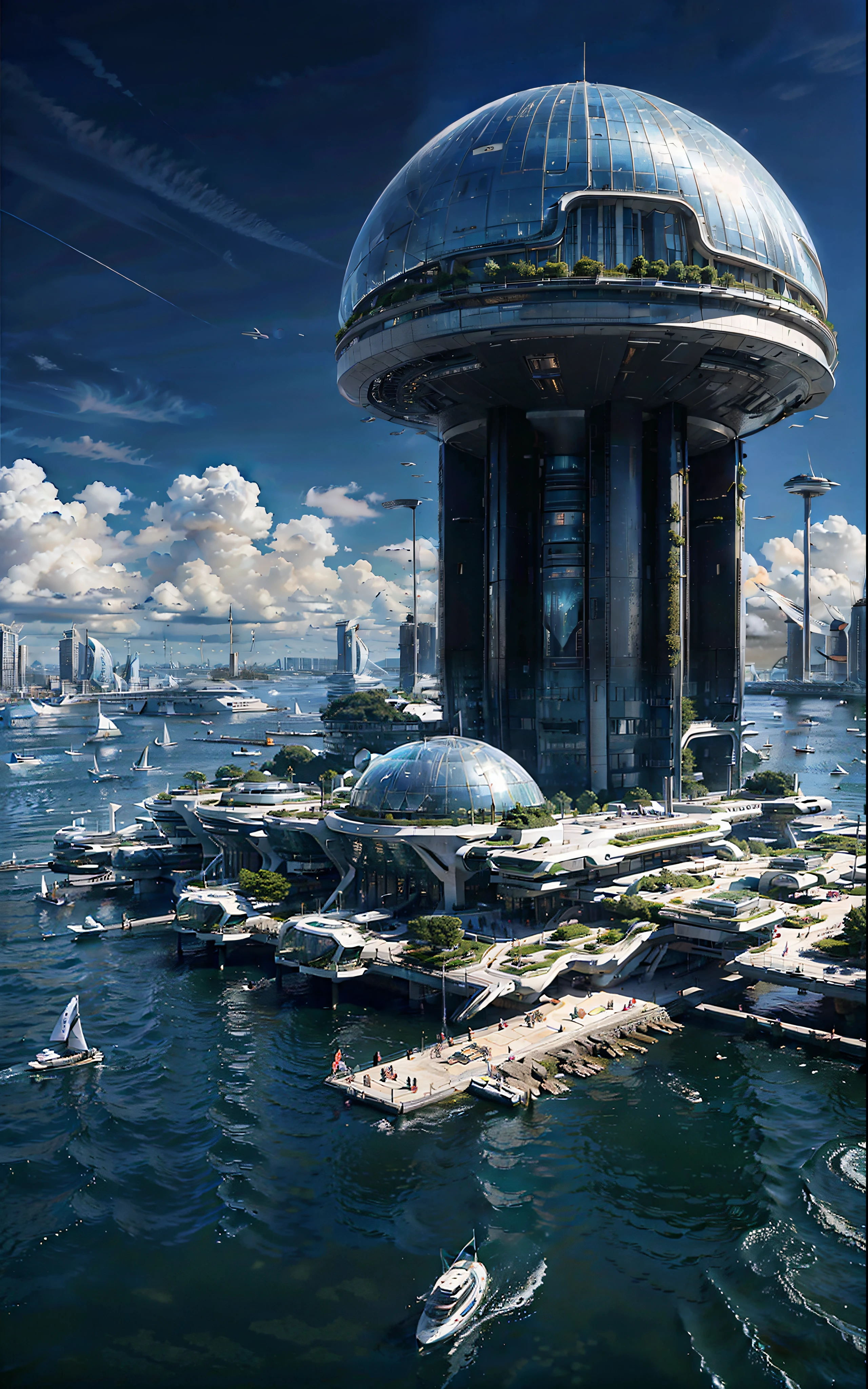 A futuristic biocity that is located in the former site of Portsmouth, New Hampshire. It has a mix of old and new buildings, green spaces, and water features. It also has six large artificial floating islands off of its coastline,(zenithal angle),
((by Iwan Baan)),
coastal city,blue sky and white clouds,the sun is shining brightly,ultra-wide angle,