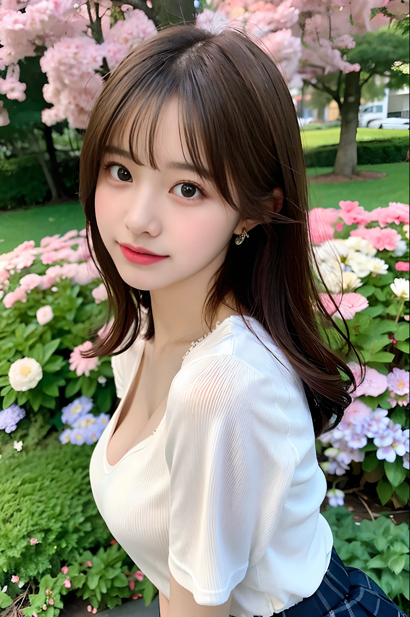 masterpiece, best quality, illustration, ultra-detailed, finely detailed, high resolution, 8K wallpaper, perfect dynamic composition, beautiful detailed eyes, summer blouse setup clothes, medium hair, small breasts, natural color lips, bold sexy poses, smile, Harajuku, 18 years old girl, cute, sexy shot, looking at camera