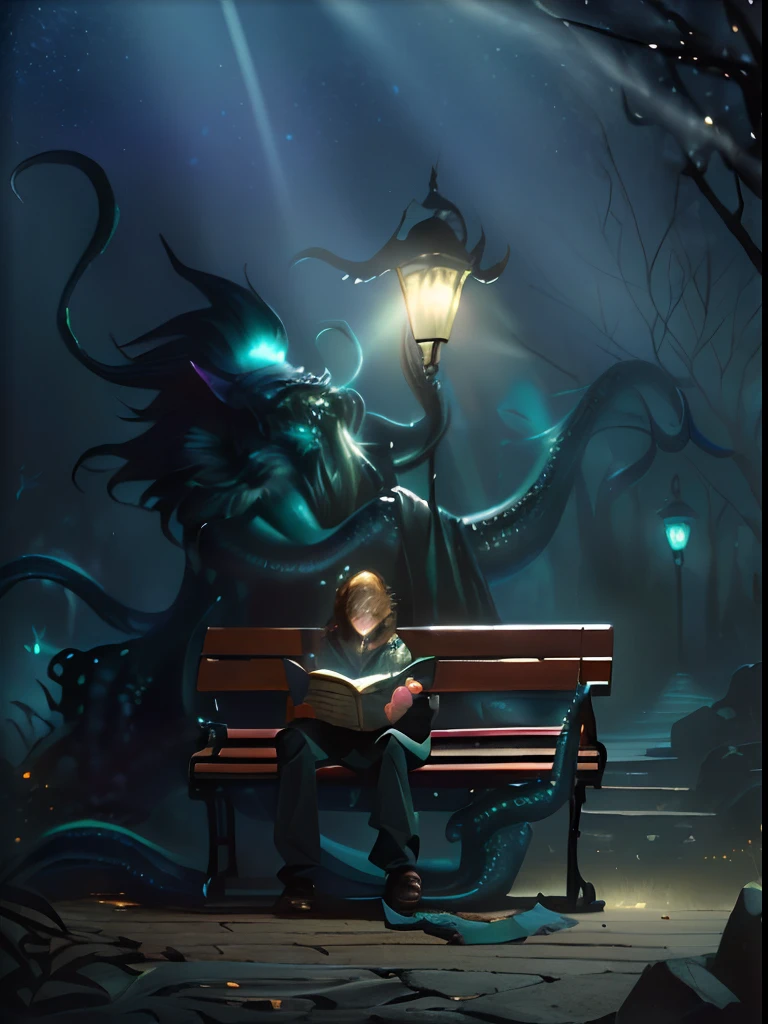 [ultra detailed], (extremely detailed), Dynamic angle, front view, ((handsome 6 year old sitting on a bench reading a book)), (Magic book) English park at night, 19th century English lamppost, Nightmare illustration, A strange fantasy illustration, Fantasy book illustration, Lovecraft illustration, inspired by H.P. Lovecraft, Storybook illustration, Nightmare in the park, Inspired by Lovecraft, Dark fantasy illustration, Lovecraft art, Storybook illustration, Storybook illustration, ((Tentacled monster in back)), Realistic fantasy illustration, streaked hair, light brown hair, Bright eyes, Restless, depth of field, cinematographic lighting, Ray Tracing, Divine rays, vanishing point, from below, Wide angle, romanticism, romanticism, outdoor, cinematographic lighting, Divine rays, backlight, 35 mm, canon, Atmospheric perspective, high details, best quality, 8k, Masterpiece, best quality, 8k, Awarded, UHD, anatomically correct, best quality
