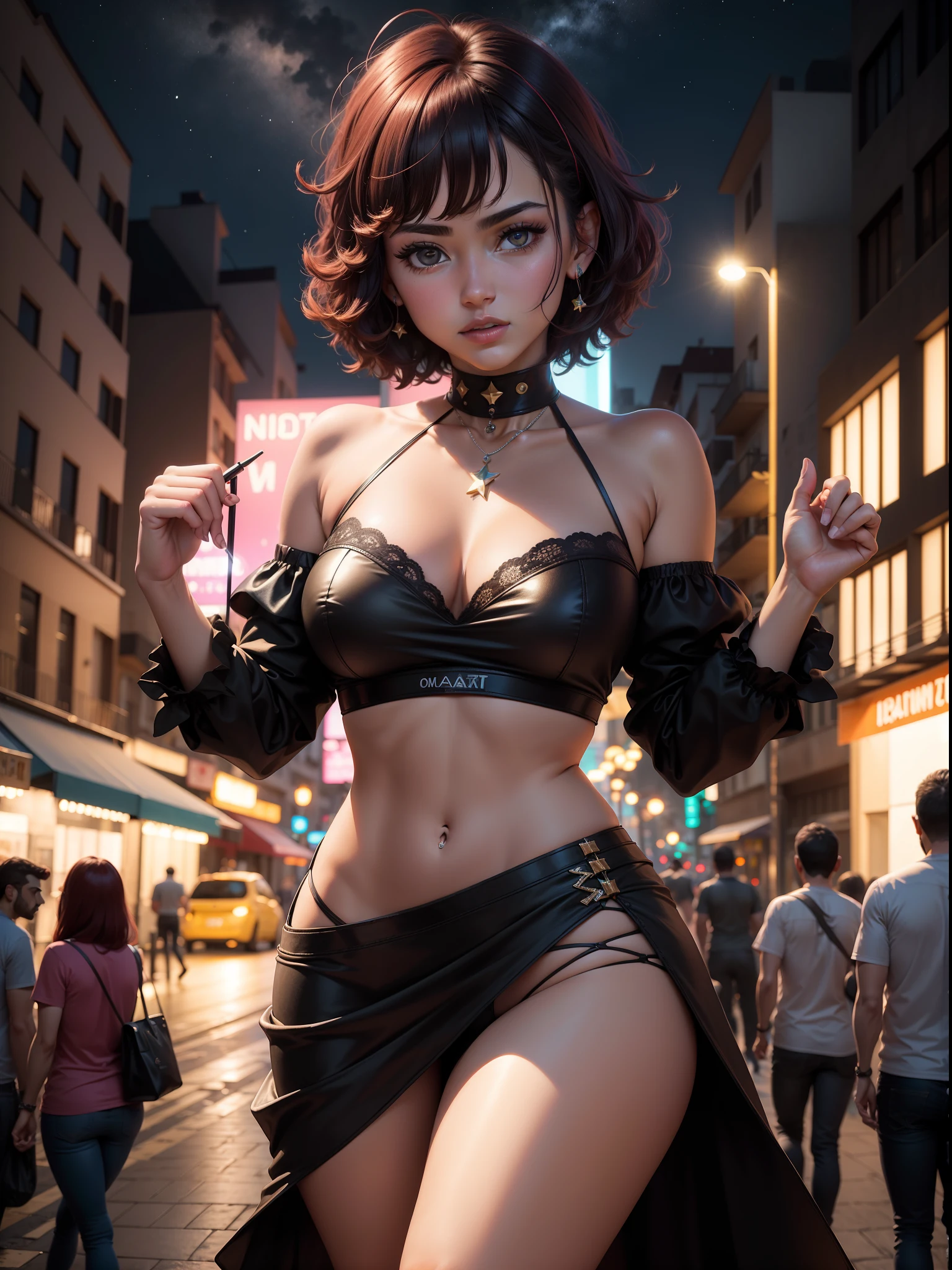 ((master part)), (best quality),, Arte Oficial, extremamente detalhado CG unidade 8k papel de parede, altamente detalhado, pele brilhante, profundidade de campo, vivid color,, 1girl, (Curvy:0.4), (corpo inteiro:0.6),, short hair, franja, olhos vermelhos, saia, Olhando para o Viewer, Noite, Rua, neon light, de frente, estrela (heaven), crowd, parte superior do corpo,