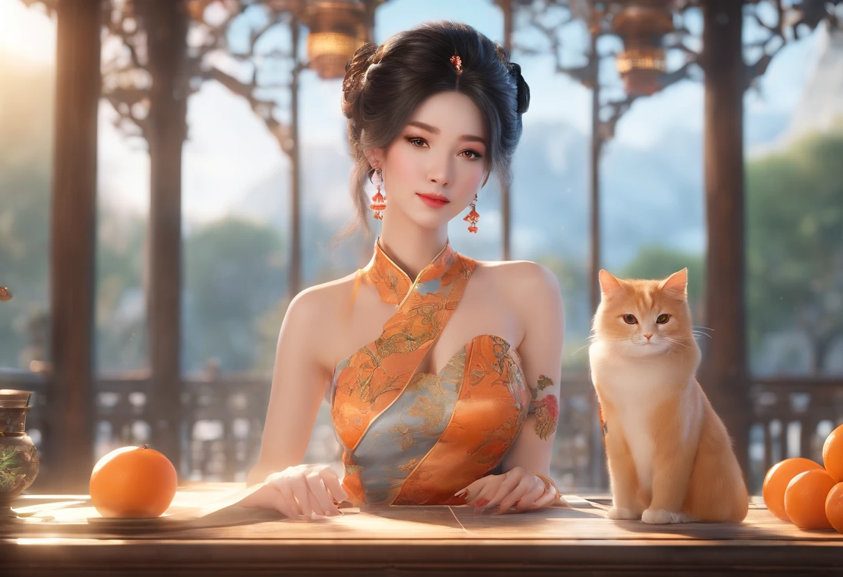 A woman holding an orange cat,Wearing an gold ink-painted cheongsam,The fullness and enchantment of the mature woman are undoubtedly revealed,A well-maintained beautiful face is firm and fair,With light makeup,The temperament is quiet and elegant,semi transparent, gigantic breasts, showing cleavage, full body shot camera angle, lotus tattoo on forehead, sexy body: 1.4, Slim abdomen: 1.2, sitting on chair, gigantic deep cleavage, open shirt,