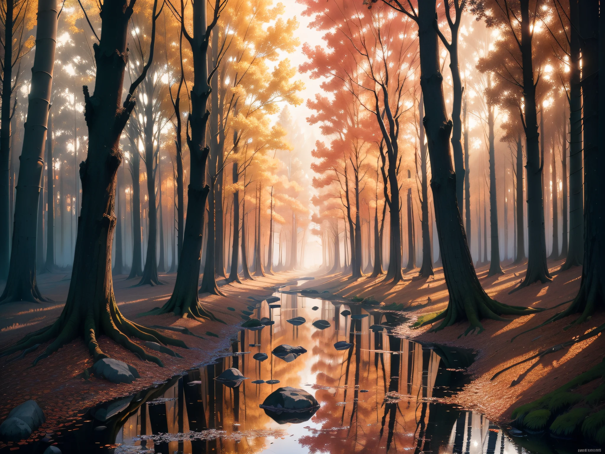 (best quality,4k,8k,highres,masterpiece:1.2),ultra-detailed,(realistic,photorealistic,photo-realistic:1.37),vibrant colors,atmospheric landscape,autumn trees,fall foliage,leaves rustling,peaceful countryside scene,serene tranquility,majestic view,sunset horizon,glowing orange sky,calm reflection on the water,misty atmosphere,elegant beauty of nature,colorful mosaic,rich textures,natural sunlight streaming through the branches,dreamy ambiance,melancholic atmosphere,magical glow,faint scent of earth and decay,breathtaking vividness,soft rays of light peeking through the trees,serenity in motion,subtle contrast between light and shadow,whispering wind brushing against the leaves