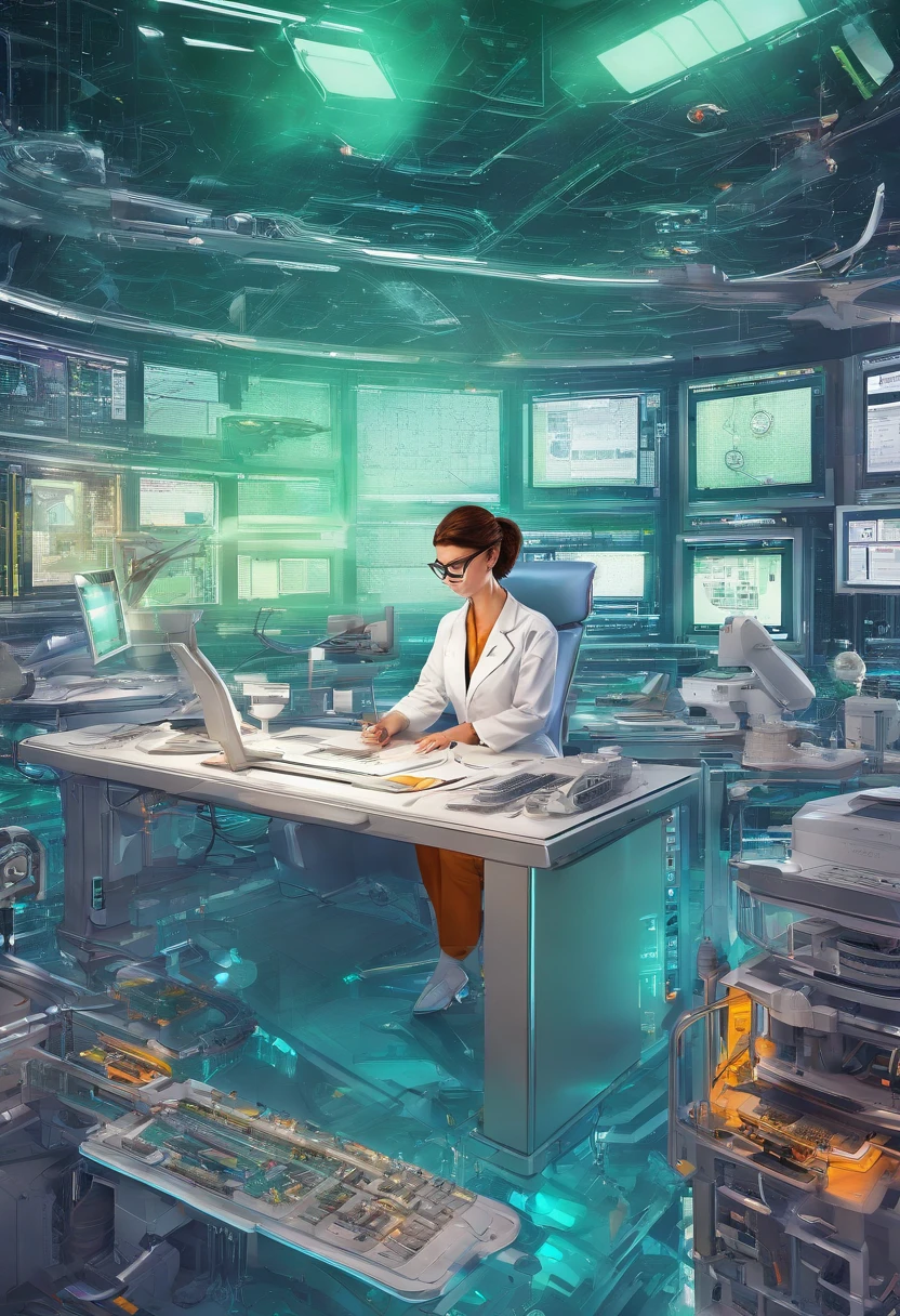 best quality,highres,(realistic,photorealistic:1.37),female scientist,working on device,hovering AI assistant,busy laboratory,advanced technology,modern equipment,innovative research,concentration,focused expression,intelligent assistant,assisting with calculations,complex experiments,scientific discovery,powerful algorithm,real-time data analysis,exciting breakthroughs,computer interface,high-tech gadgets,lab coat,goggles,precision instruments,green screen,high-tech laboratory,blueprints,lab safety,whiteboard with equations,team collaboration,flawless execution,groundbreaking discoveries,vivid colors,soft lighting,technical expertise,innovation at its peak