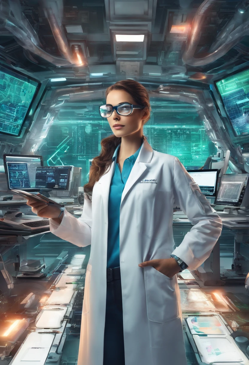 best quality,highres,(realistic,photorealistic:1.37),female scientist,working on device,hovering AI assistant,busy laboratory,advanced technology,modern equipment,innovative research,concentration,focused expression,intelligent assistant,assisting with calculations,complex experiments,scientific discovery,powerful algorithm,real-time data analysis,exciting breakthroughs,computer interface,high-tech gadgets,lab coat,goggles,precision instruments,green screen,high-tech laboratory,blueprints,lab safety,whiteboard with equations,team collaboration,flawless execution,groundbreaking discoveries,vivid colors,soft lighting,technical expertise,innovation at its peak