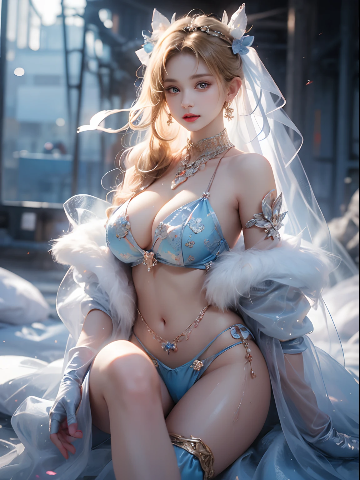 (8k extremely detailed CG unit wallpaper),(best qualtiy),(Best Illustrations),(Best Shadow), (detail: 1.4), 。.。.。.。.。.。.。.。.。.。.。.。.。.3D, nffsw(High dynamic range), light tracing, NVIDIA RTX, Hyper-Resolution, Sub-surface scattering, PBR Texture, Post-processing, Anisotropy Filtering, depthoffield, Maximum sharpness and acutance, Multilayer Texture, Albedo e mapas Speculares, Surface Coloring, Accurate simulation of light-material interactions, Perfectly proportioned, octane renderings, Two-tone illumination, Wide aperture , Low ISO,White Balance,trichotomy,8K Raw,intricate-detail, delicate patterns, deep-shadows, masterpiece, Lifelike, Roughness, A hyper-realistic, photographed in a Canon EOS R5, 50mm Lens, F/2.8, Sharp Focus, Smoothing, Roughness, Real life, photorealistc, Cinematography, 8K UHD,in flower field,Blue Flower Girl,1 girl,独奏,European,Beautiful bride,lightsmile,Highly detailed blonde hair,maturefemale,Sky Blue Gossamer Veil,Sky blue gossamer cloak,Sky blue Gossamer coat,Sky blue gossamer skirt,Sky blue lace underwear,Sky Blue Lace,Sky Blue Gossamer Gloves,gargantilha,earrings,jewely,trinkets,Head dress,Hand ornaments,leg ornaments,high-heels,Huge breasts,Large breasts,Big boob,Burst breasts,Big breasts,Plump breasts,Expose your breasts,uncovered breasts,Narrow waist,Bare ass,ass large,Bare belly,Bare navel,Wet,Wet body,sweating body,Shiny skin,