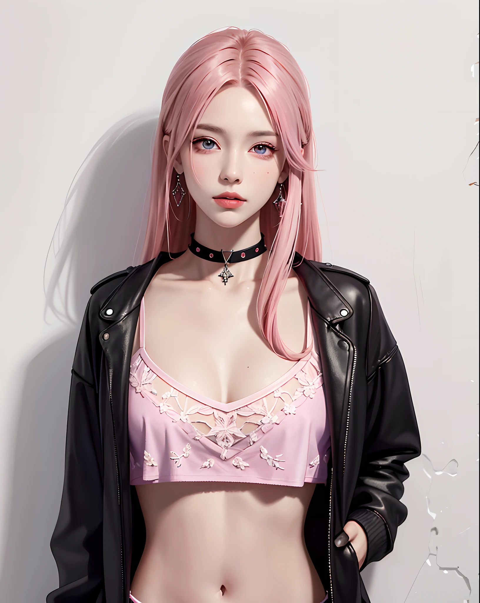 (masterpiece, best quality, 1girl, solo, intricate details, chromatic aberration), realistic, ((medium breath)),long hair, pink hair, red head ornament, pink highlights, hair over one eye,purple eyes, earrings, sharp eyes, choker, neon shirt, open jacket, crop top, (symmetry eyes),(perfect symmetrical body),against wall, brick wall, graffiti, dim lighting, alley ,look at viewer