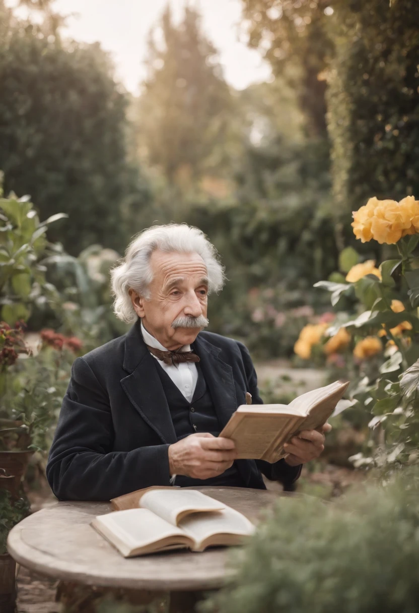 Albert Einstein reading a book, in a beautiful garden, on the moon, looking at the camera, detailed face, home clothes, full hd quality
