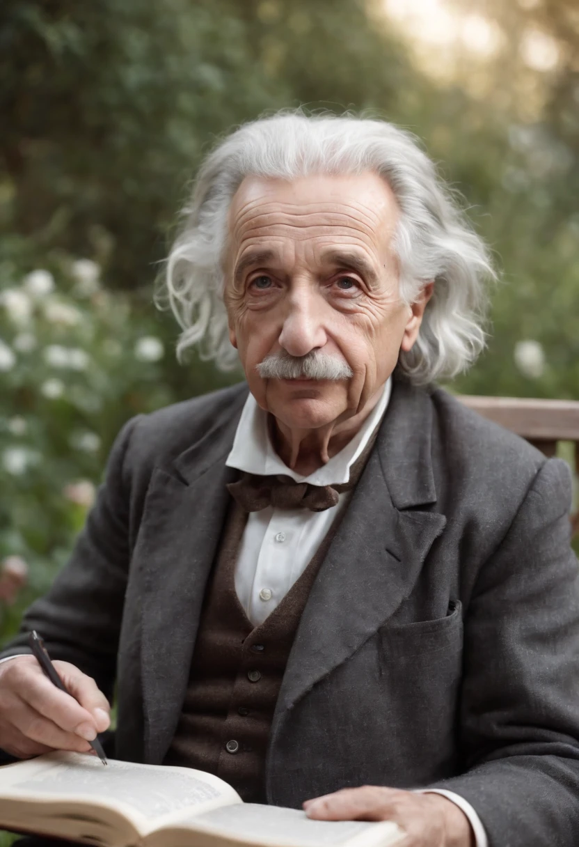 Albert Einstein reading a book, in a beautiful garden, on the moon, looking at the camera, detailed face, home clothes, full hd quality