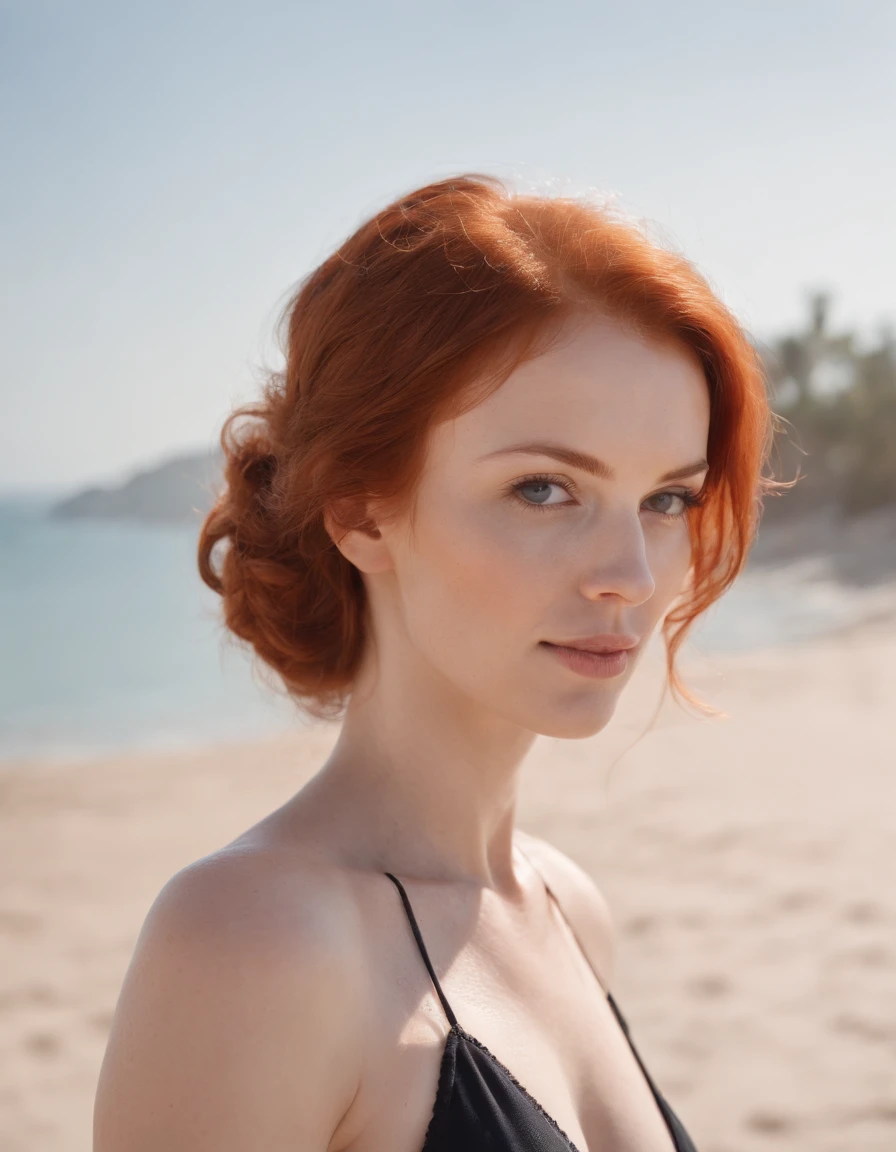 Redhead woman in swimsuit on beach , Clear sky in the background, Lunette de soleil , model poses, Sunny day, high-quality photo