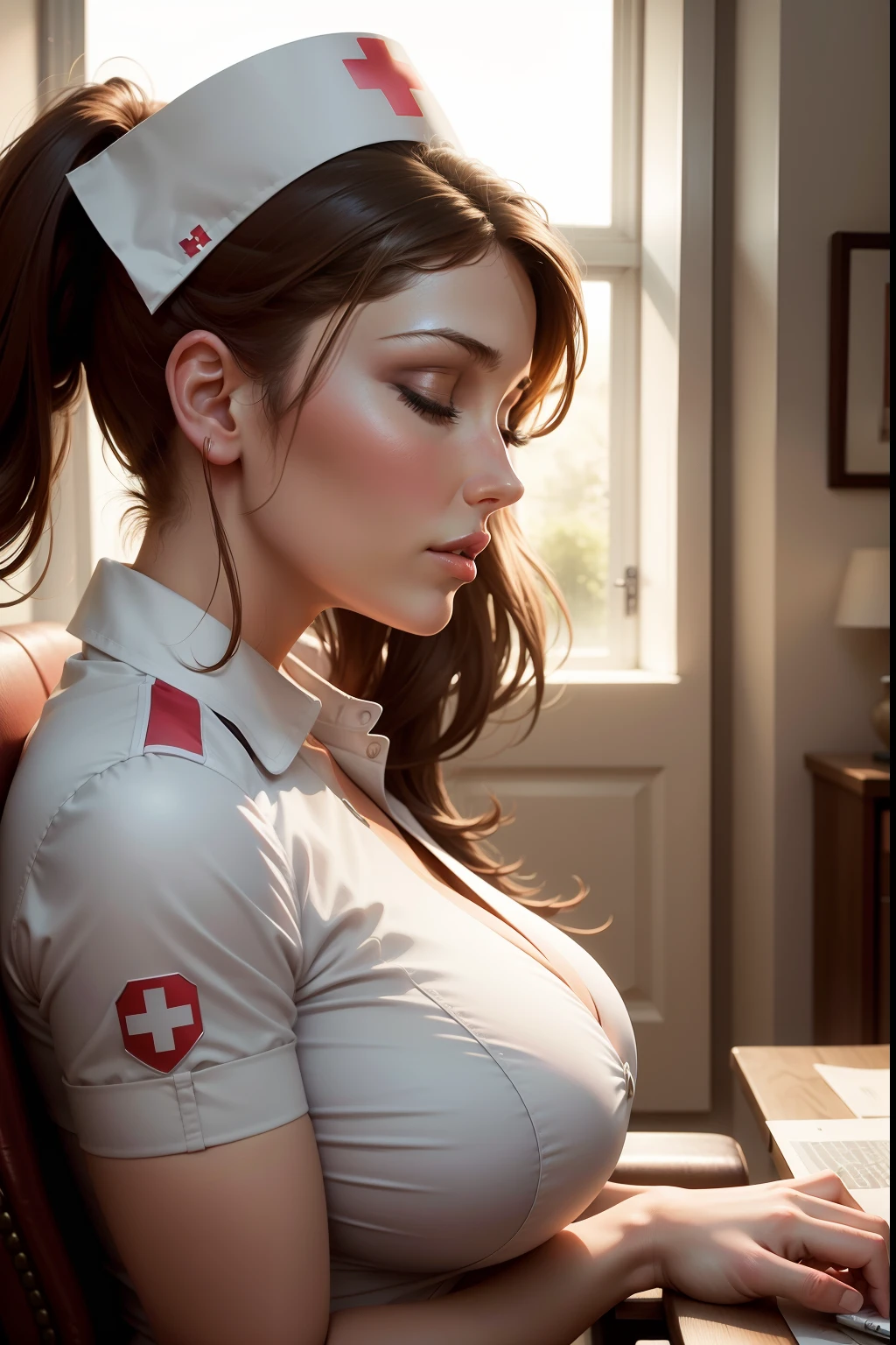 A vintage nurse in a white uniform, very hot, of stunning beauty, wearing a short skirt lace pantyhose, is crouched down (front aerial camera full body image) to pick up a pen in a sensual way (highlight taken from above, image of breasts and knees).