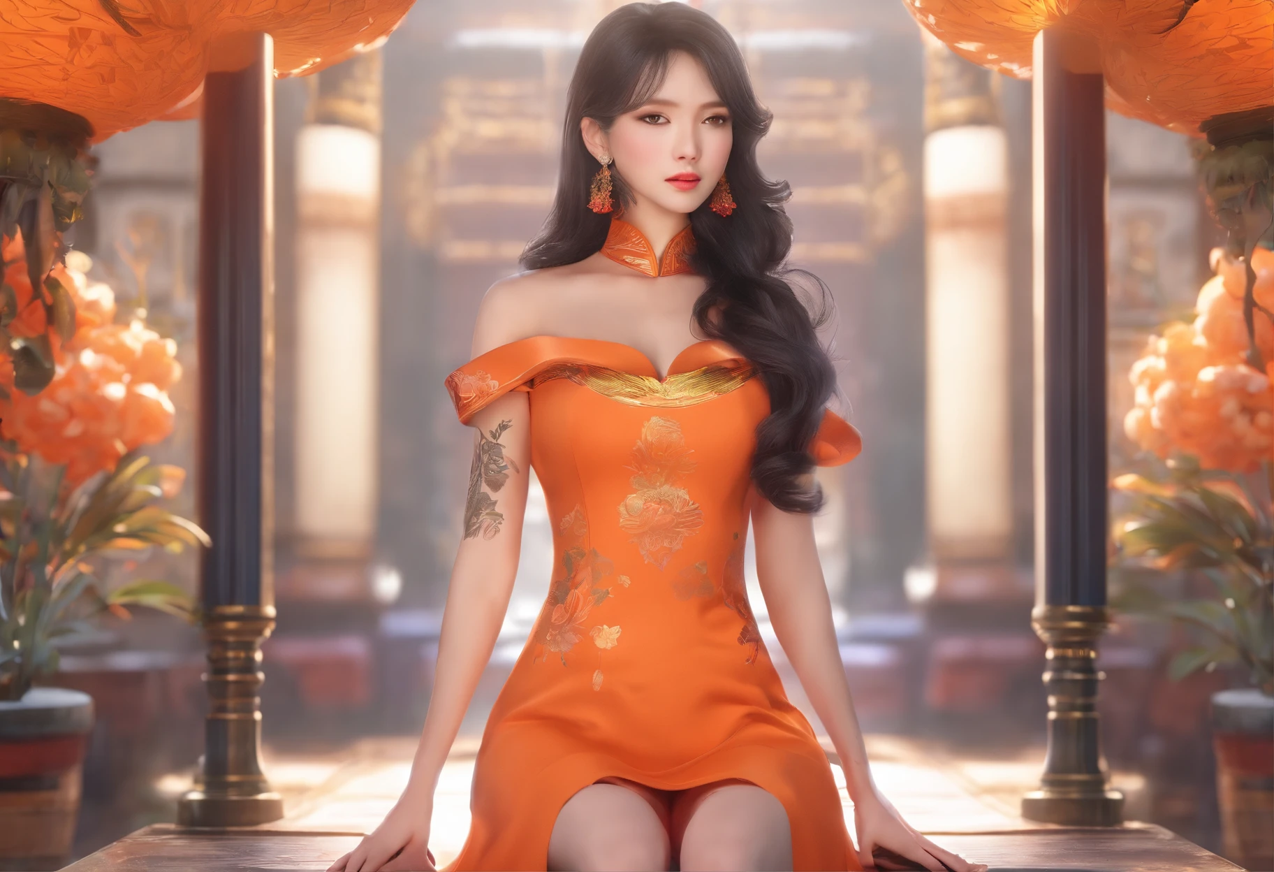 A woman holding an orange cat，Wearing an gold ink-painted cheongsam，The fullness and enchantment of the mature woman are undoubtedly revealed，A well-maintained beautiful face is firm and fair，With light makeup，The temperament is quiet and elegant，semi transparent, gigantic breasts, showing cleavage, full body shot camera angle, lotus tattoo on forehead, sexy body: 1.4, Slim abdomen: 1.2, sitting on chair, gigantic deep cleavage, open shirt,