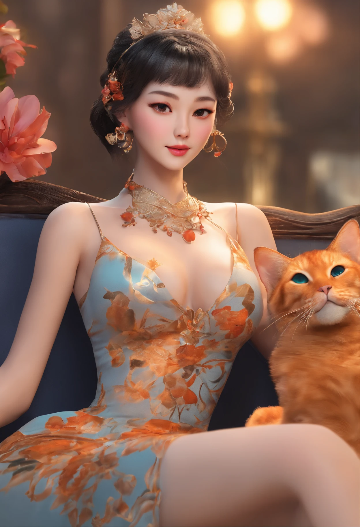 A woman holding an orange cat,Wearing an gold ink-painted cheongsam,The fullness and enchantment of the mature woman are undoubtedly revealed,A well-maintained beautiful face is firm and fair,With light makeup,The temperament is quiet and elegant,semi transparent, gigantic breasts, showing cleavage, full body shot camera angle, lotus tattoo on forehead, sexy body: 1.4, Slim abdomen: 1.2, sitting on chair, gigantic deep cleavage, open shirt,
