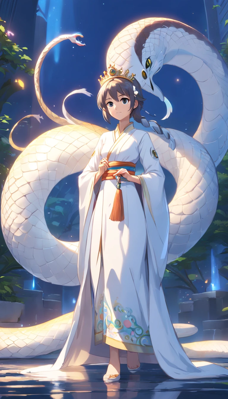 Pixar style super cute anthropomorphic White Snake, wearing hanfu and crystal crown, standing, charming big eyes, lovely tail, standing, surreal, super fine, luxurious, elegant standing, charming big eyes, lovely tail, standing, surreal, super detailed, luxurious, elegant, complex, gorgeous, illusory engine, octane rendering, 8K, VRAY surrealism