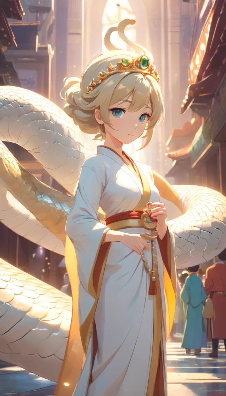 Ultra-clear, fine, a Chinese dragon surrounds the girl, the girl crosses her hands to cast spells, the girl has dragon horns and golden hair ornaments on her head, Hanfu, natural light