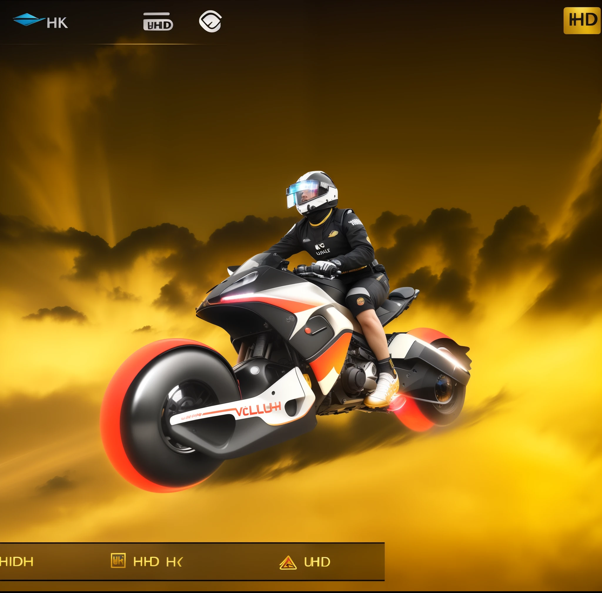 (best quality,highly detailed,masterpiece,HDR,UHD,64K:1.3),Professional,realistic,RAWphoto,Vivid Colors, stunning black and gold background, sky white cloud background, the cloud is super fast and pull out a long line, glowing bright yellow eyes, Clear facial features, Vivid expressions, GoPro