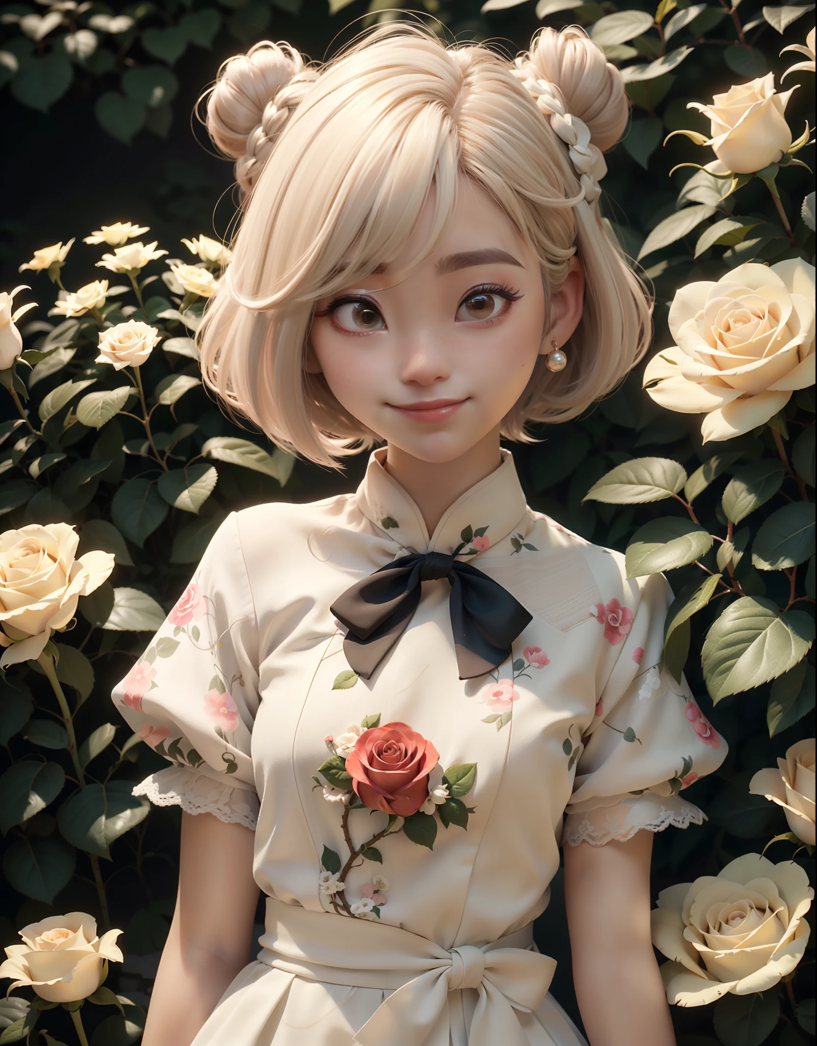 ((Short hair girl, bun hairstyle, Light-colored hair:1.2)),(pretty eyes:1),Bow knot,(Hefty Smile:1),(Accurate perfect Korean female face:1.2),full bodyesbian,frontage:1,centered composition,closeup view,hyper HD,(In the garden where the roses bloom),Chinese outfit:0.8,vogue photography,High Polished